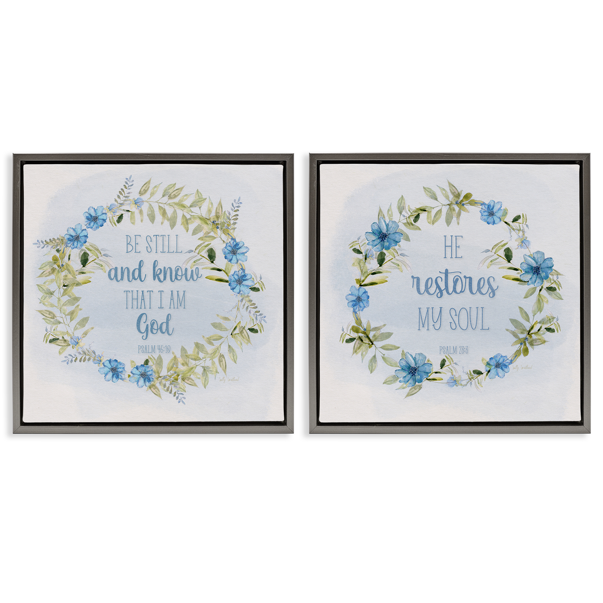 Stupell Industries Be Still Restores Psalm Religious & Spiritual Painting Gray Floater Framed Canvas Art Print Wall Art, 25 x 25, Set of 2
