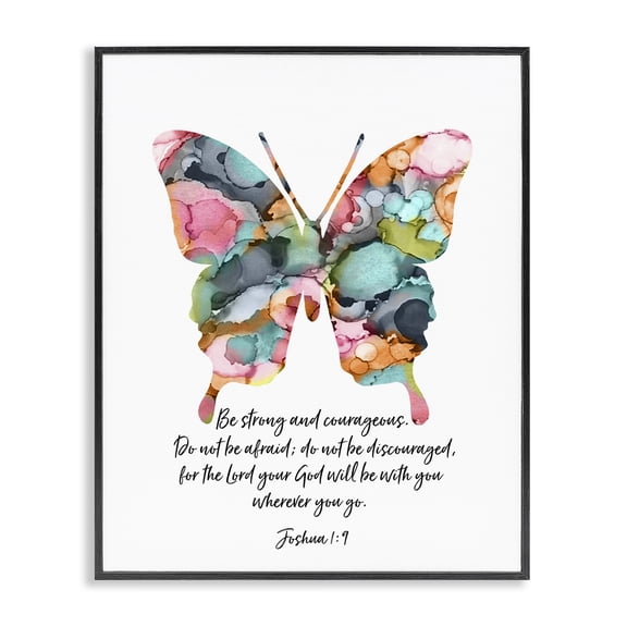 Stupell Industries Be Strong Joshua 1:9 Butterfly Spiritual Painting Black Framed Art Print Wall Art, 11 x 14