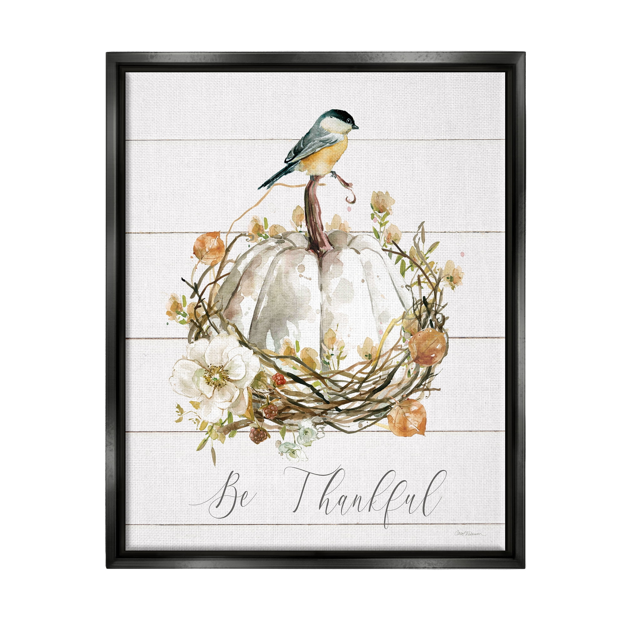 Stupell Industries Be Thankful Fall Florals Botanical & Floral Painting Black Floater Framed Canvas Art Print Wall Art, 25 x 31