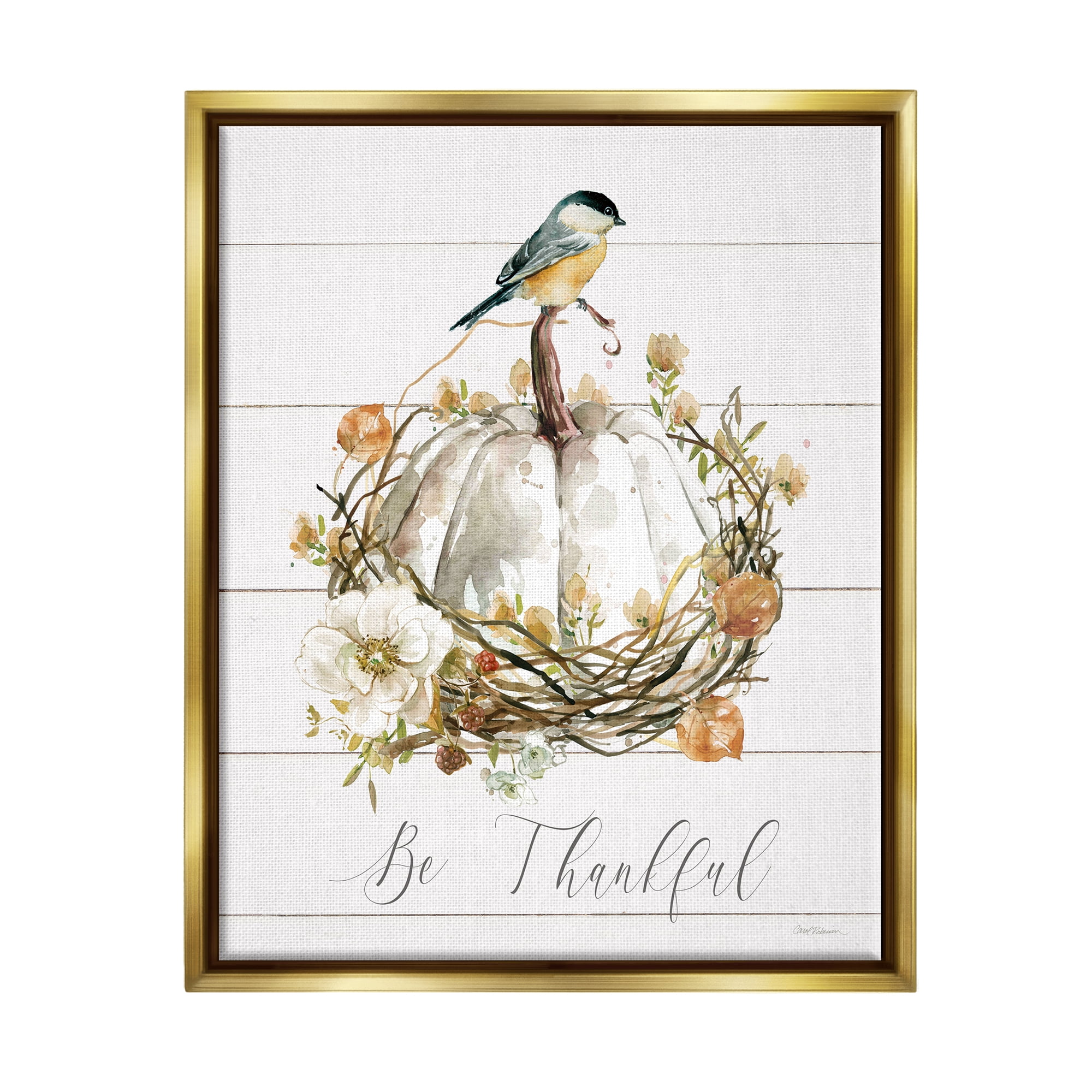Stupell Industries Be Thankful Fall Florals Botanical & Floral Painting Gold Floater Framed Canvas Art Print Wall Art, 25 x 31