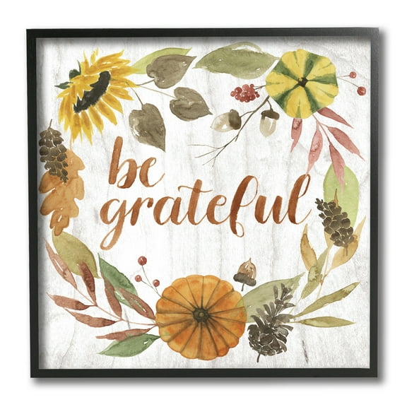 Stupell Industries Be Thankful Whimsical Text Autumn Foliage Inspirational Painting Black Framed Art Print Wall Art, 12 x 12