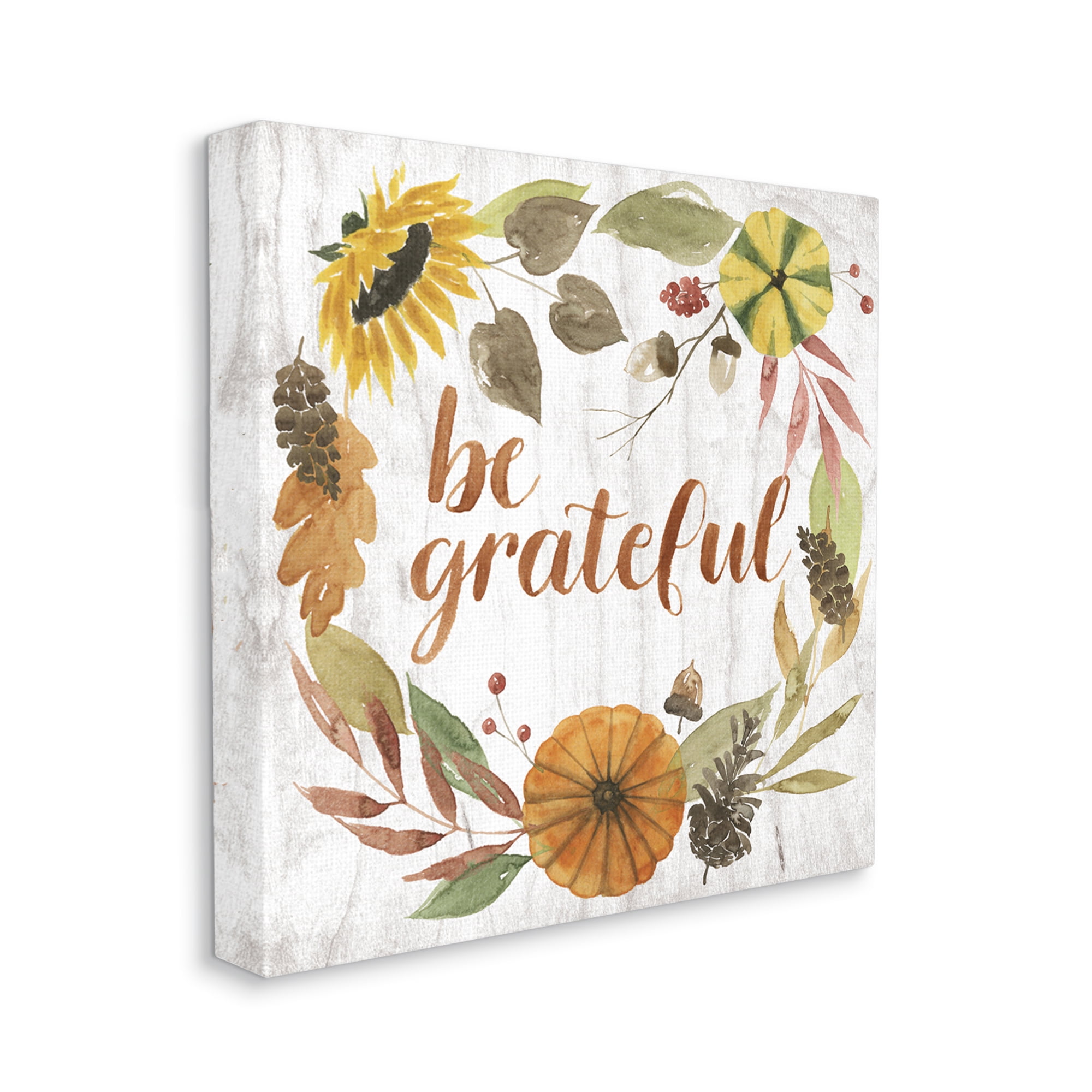 Stupell Industries Be Thankful Whimsical Text Autumn Foliage Inspirational Painting Gallery Wrapped Canvas Art Print Wall Art, 24 x 24