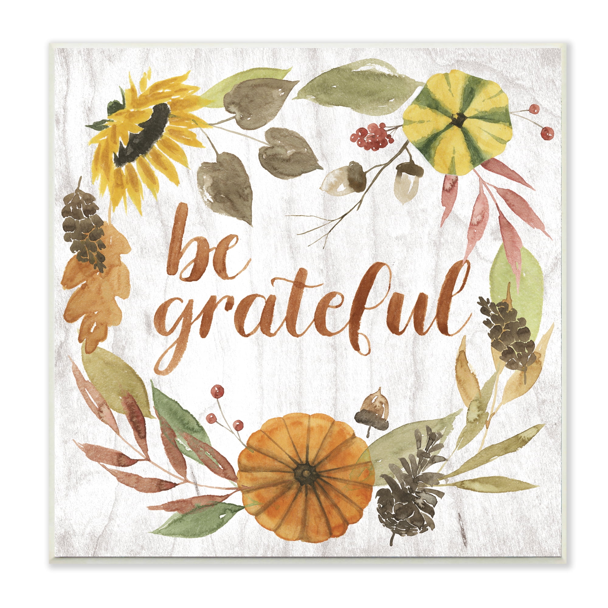Stupell Industries Be Thankful Whimsical Text Autumn Foliage Inspirational Painting Unframed Art Print Wall Art, 12 x 12