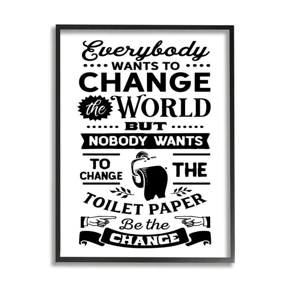 Stupell Industries Be The Change Funny Toilet Paper Vintage Washroom Graphic Art Black Framed Art Print Wall Art, Design by Lettered and Lined