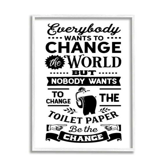 Stupell Industries Be The Change Funny Toilet Paper Vintage Washroom Graphic Art White Framed Art Print Wall Art, Design by Lettered and Lined