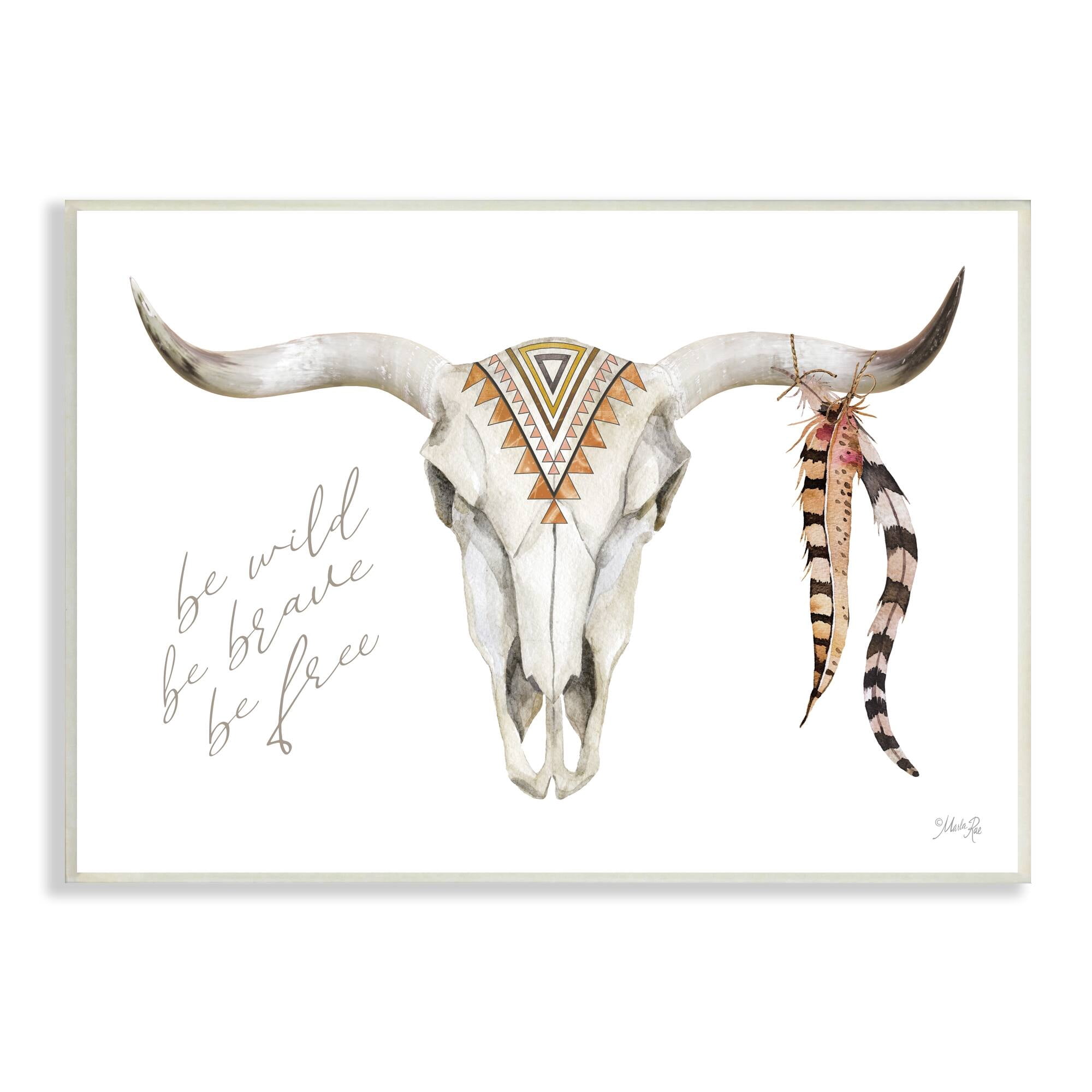 Stupell Industries Be Wild Longhorn Boho Bull Geometric Feather Patterns,15 x 10, Design by Marla Rae