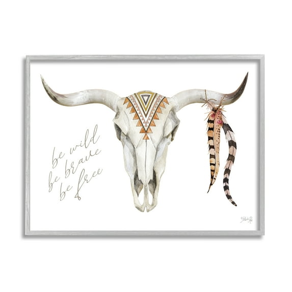 Stupell Industries Be Wild Longhorn Boho Bull Geometric Feather Patterns,20 x 16, Design by Marla Rae