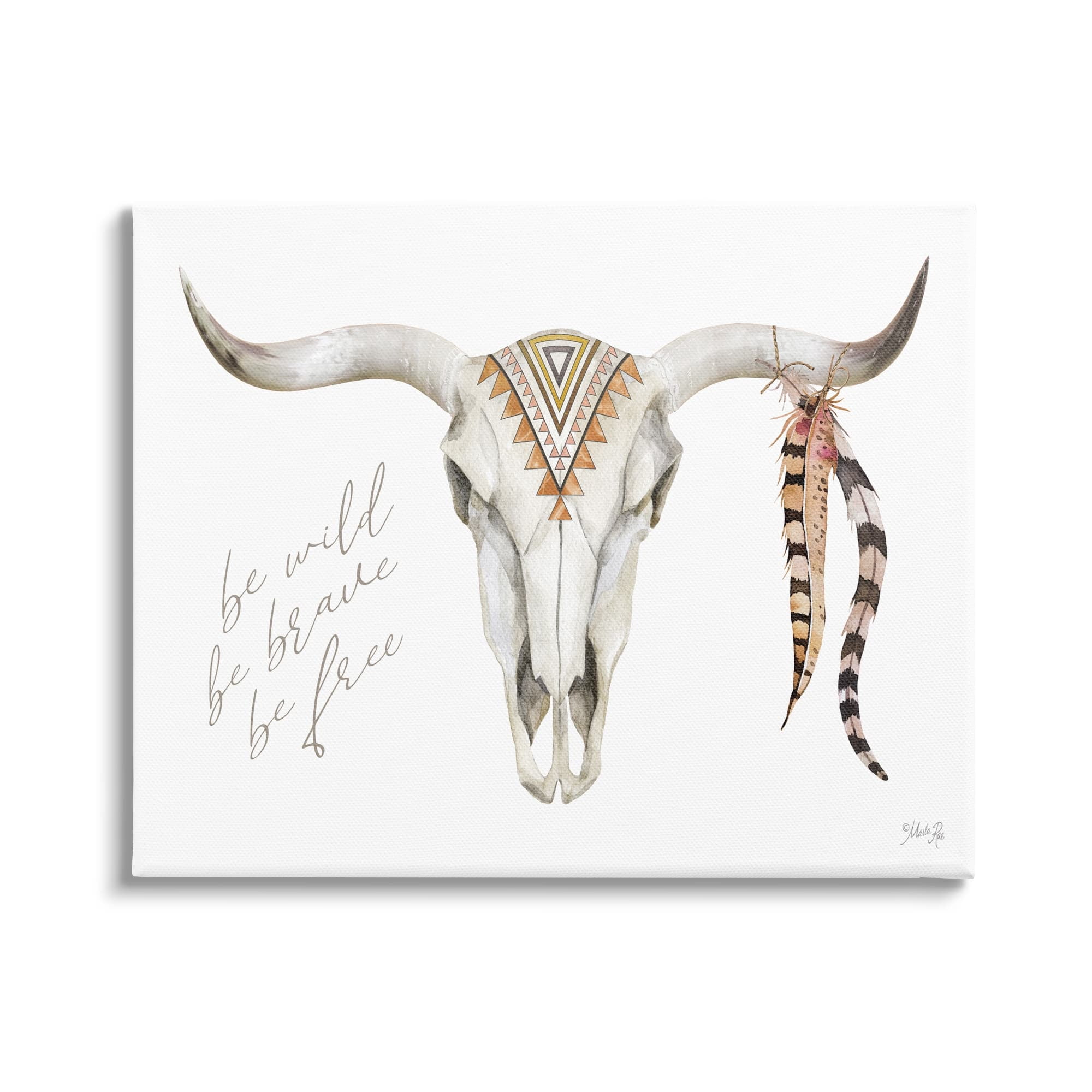 Stupell Industries Be Wild Longhorn Boho Bull Geometric Feather Patterns,30 x 24, Design by Marla Rae