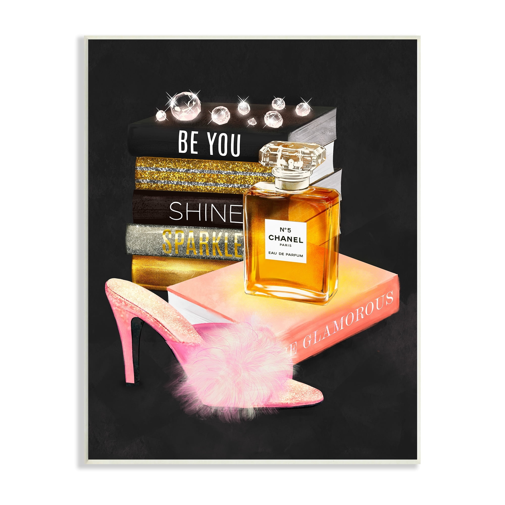Stupell Industries Be You Motivational Perfume Bottle Bookstack Fluffy Pompom Heel Black Wood Graphic Wall Art,10 x 15, Design by Ziwei Li
