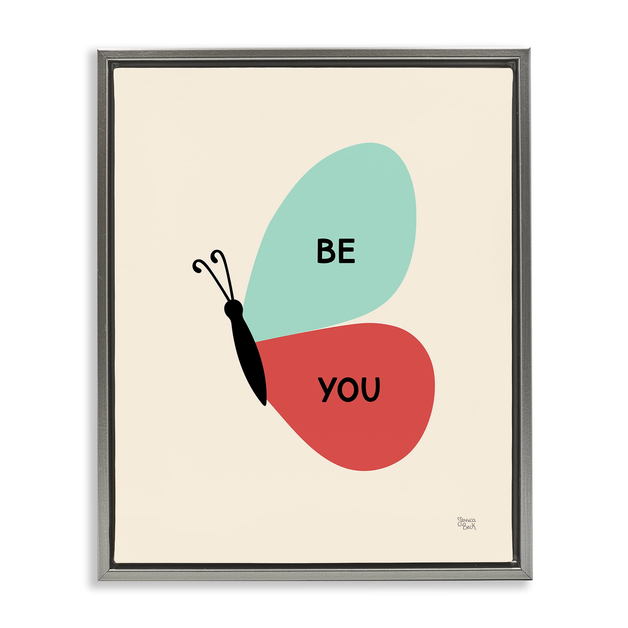 Stupell Industries Be You Simple Butterfly Animals Painting Gray Floater Framed Canvas Art Print Wall Art, 17 x 21