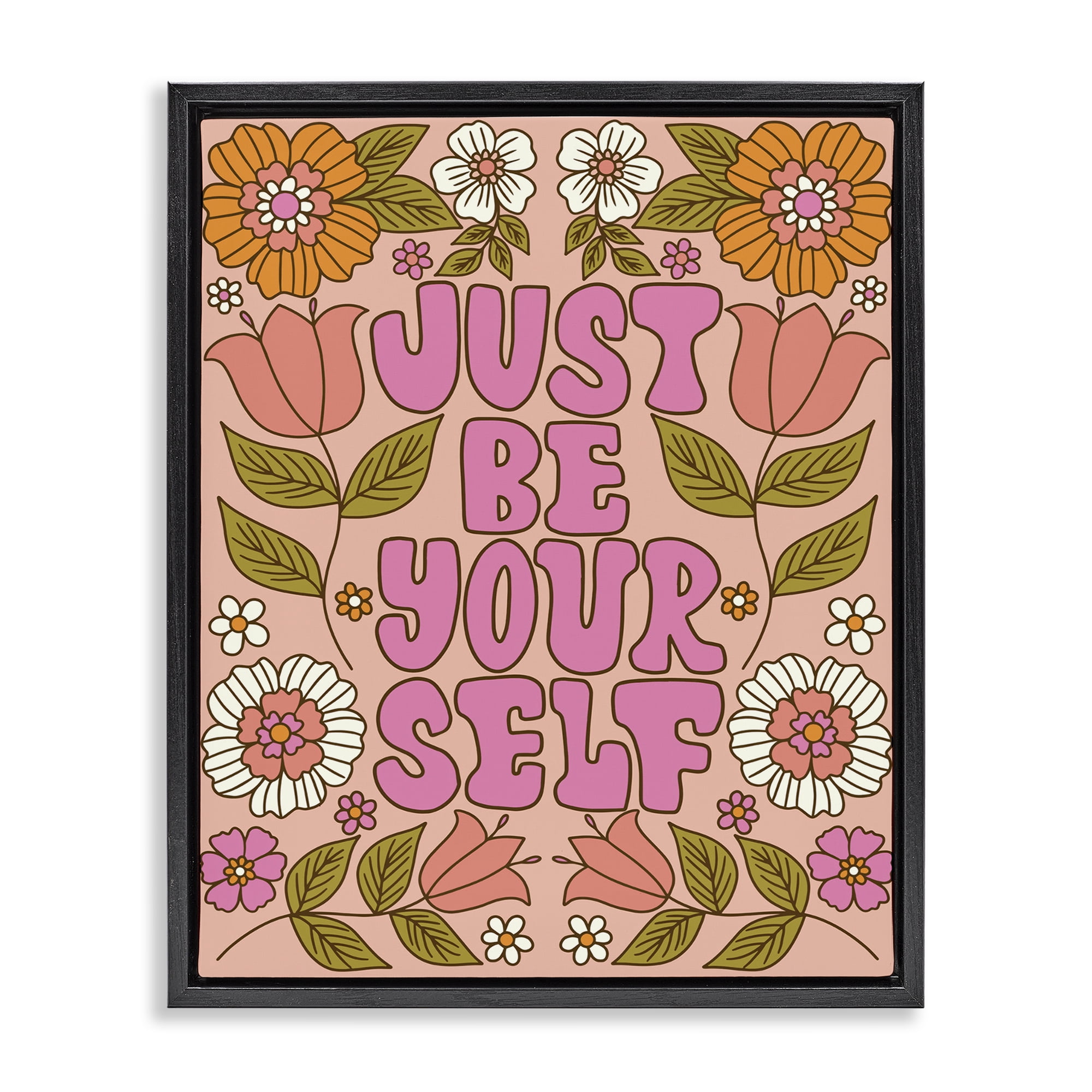 Stupell Industries Be Yourself Flower Power Plants & Flowers Painting Black Floater Framed Canvas Art Print Wall Art, 25 x 31