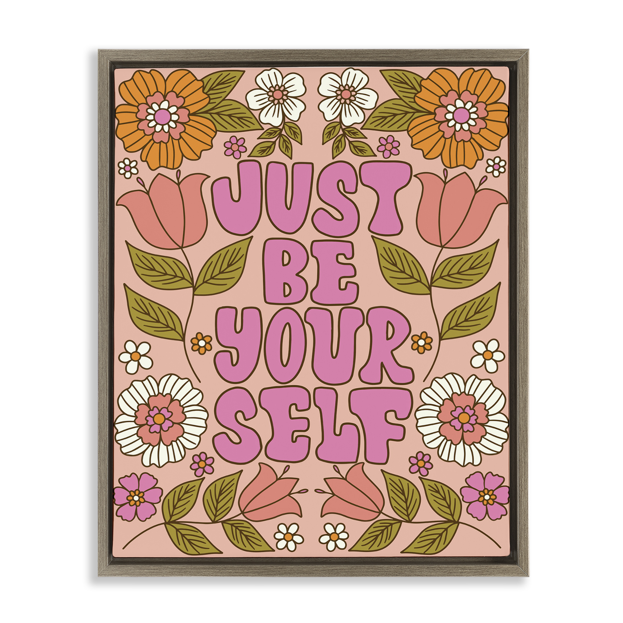 Stupell Industries Be Yourself Flower Power Plants & Flowers Painting Brown Floater Framed Canvas Art Print Wall Art, 25 x 31