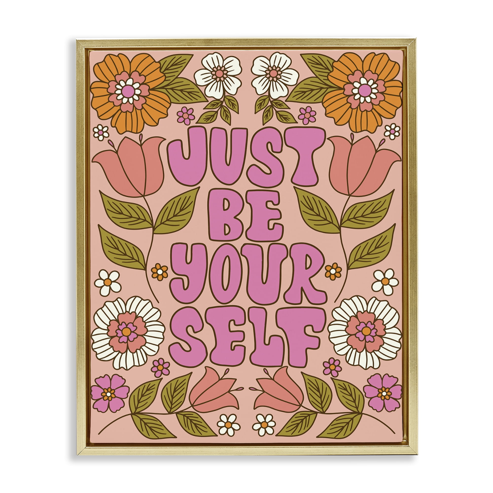 Stupell Industries Be Yourself Flower Power Plants & Flowers Painting Gold Floater Framed Canvas Art Print Wall Art, 17 x 21