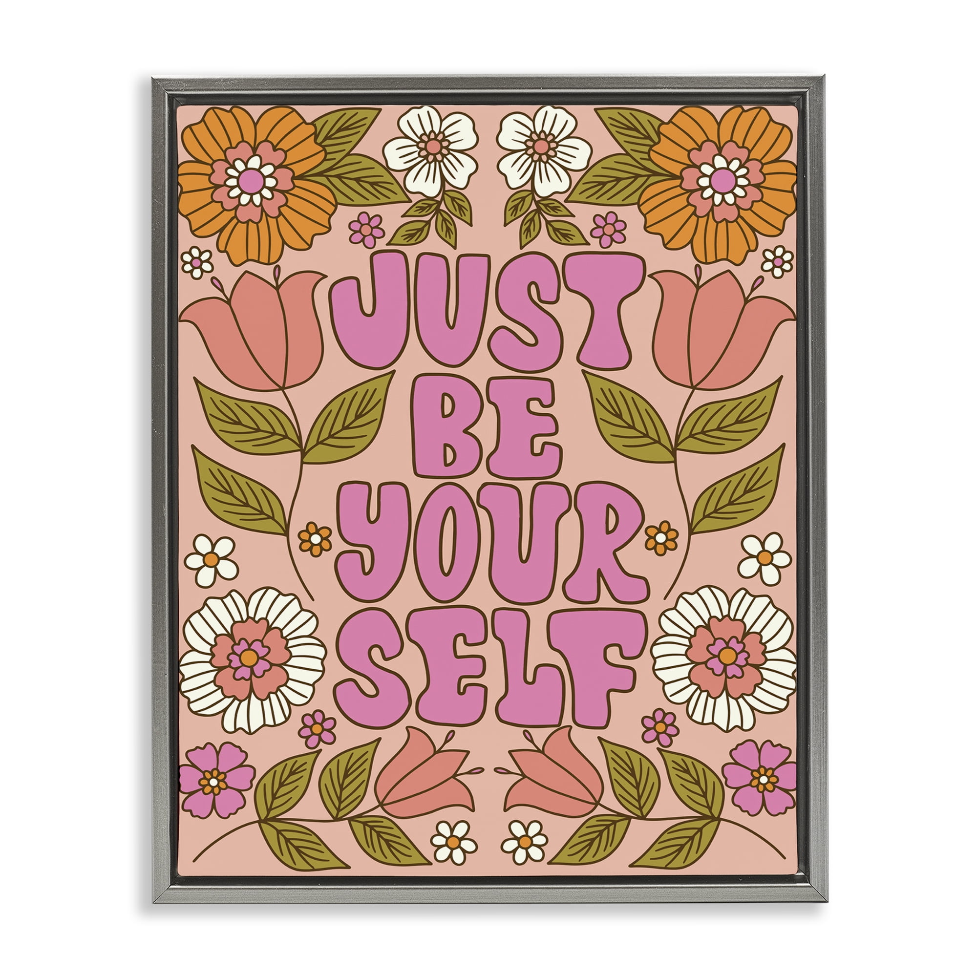 Stupell Industries Be Yourself Flower Power Plants & Flowers Painting Gray Floater Framed Canvas Art Print Wall Art, 17 x 21