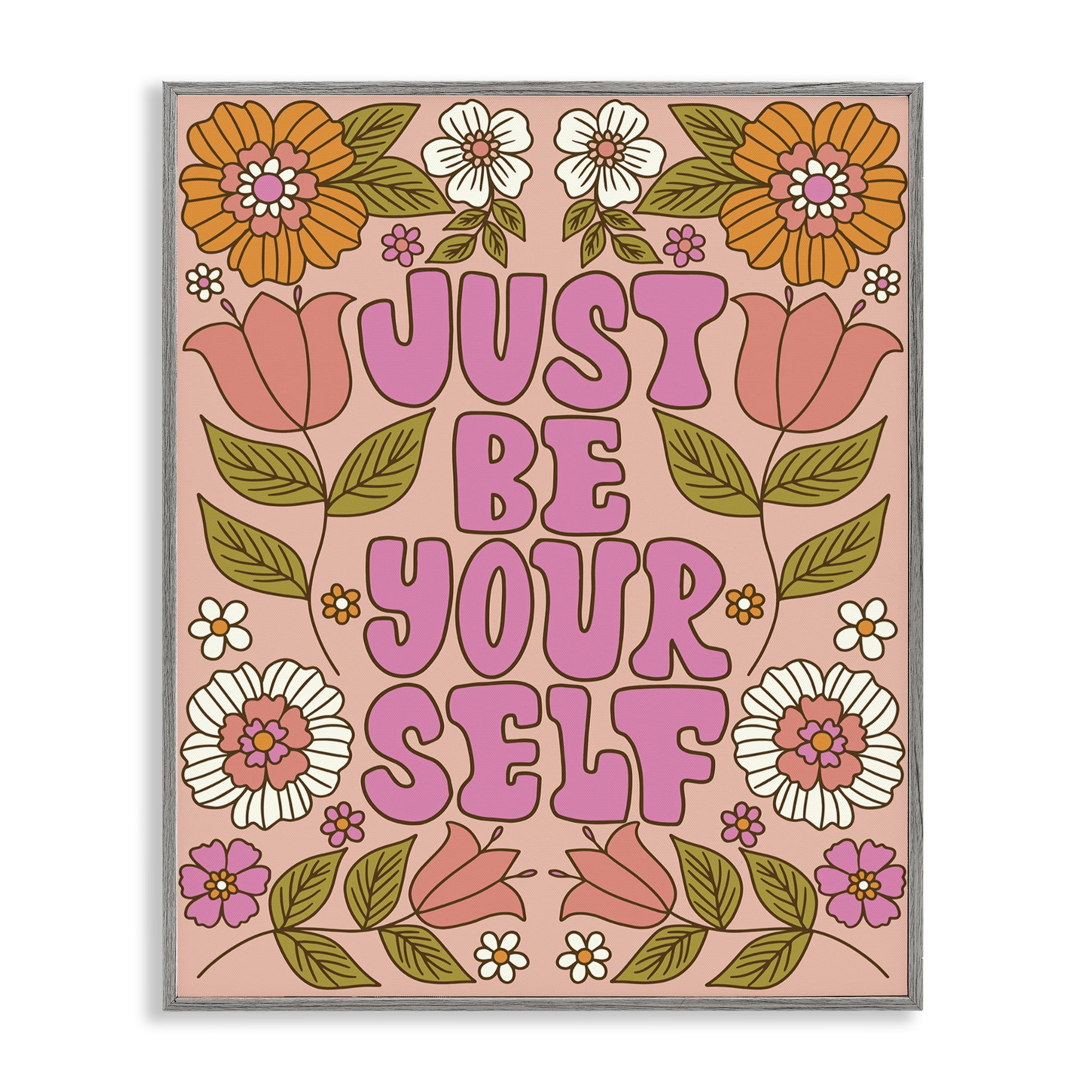 Stupell Industries Be Yourself Flower Power Plants & Flowers Painting Gray Framed Art Print Wall Art, 11 x 14