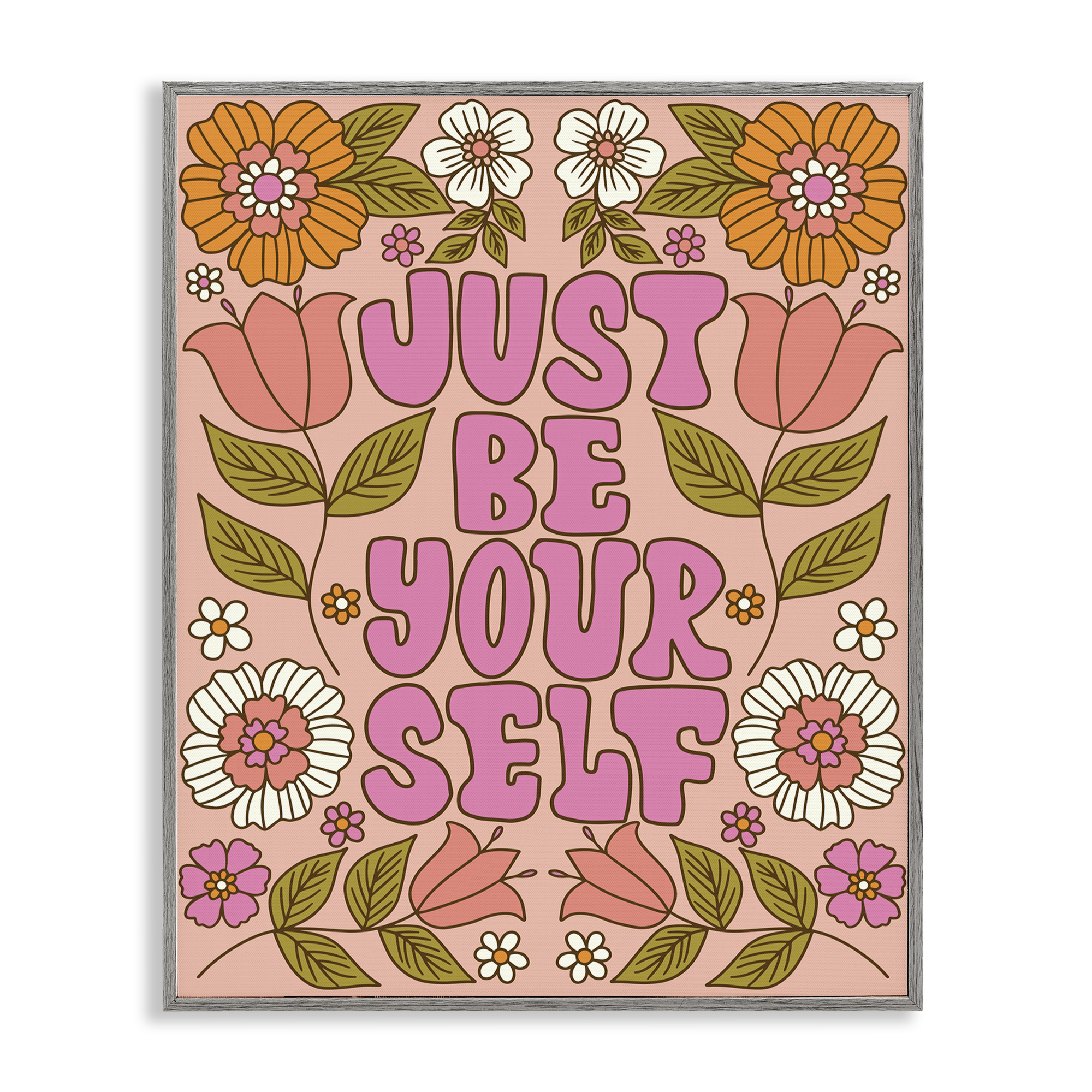 Stupell Industries Be Yourself Flower Power Plants & Flowers Painting Gray Framed Art Print Wall Art, 24 x 30
