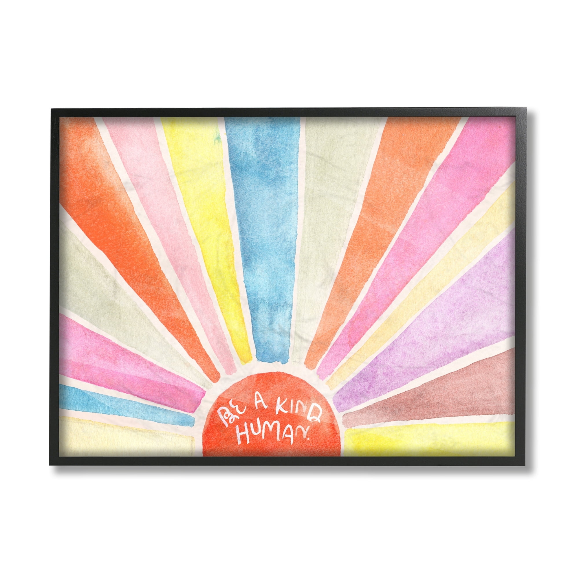 Stupell Industries Be a Kind Human Phrase Rainbow Sunbursts Typography Painting Black Framed Art Print Wall Art, 24 x 30