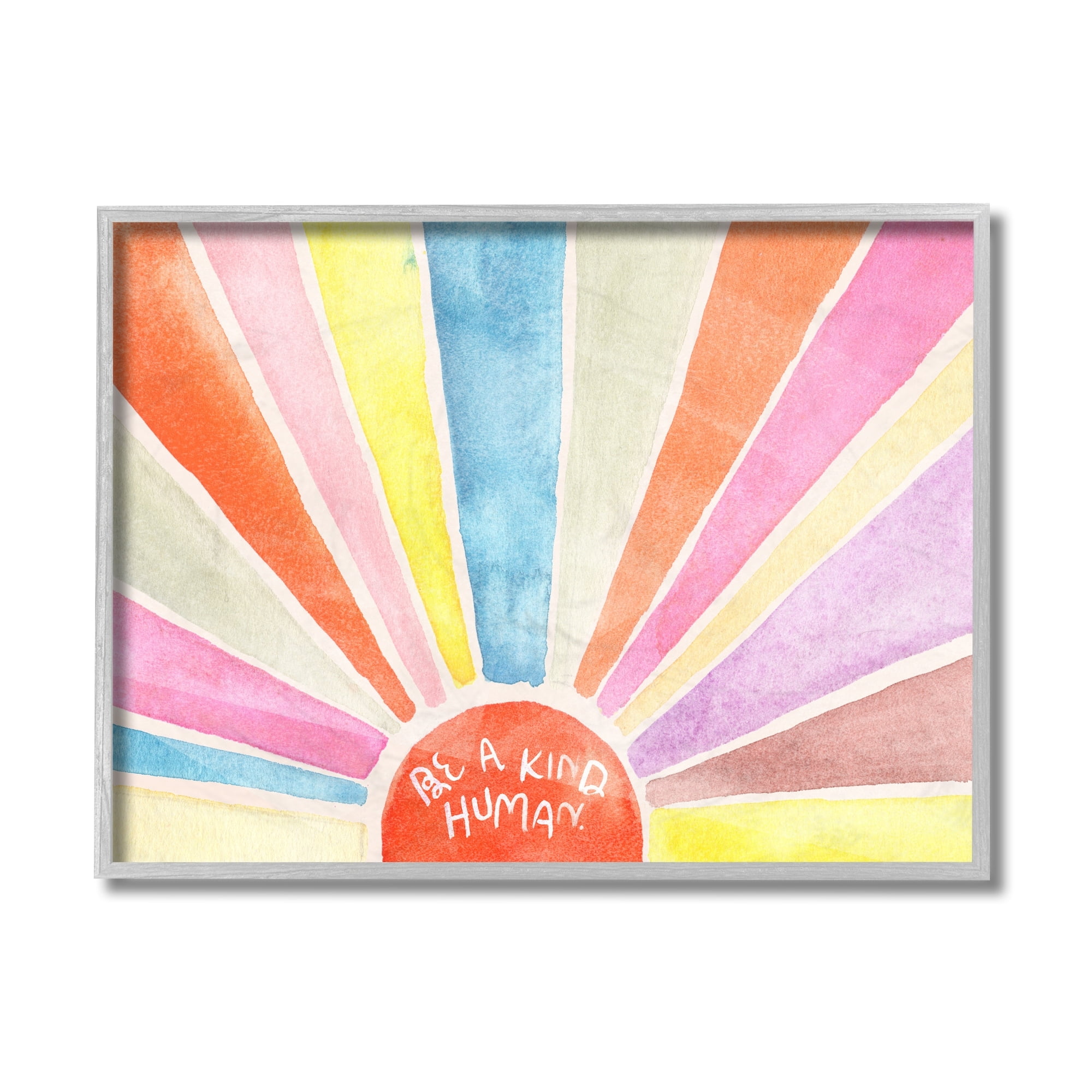 Stupell Industries Be a Kind Human Phrase Rainbow Sunbursts Typography Painting Gray Framed Art Print Wall Art, 11 x 14
