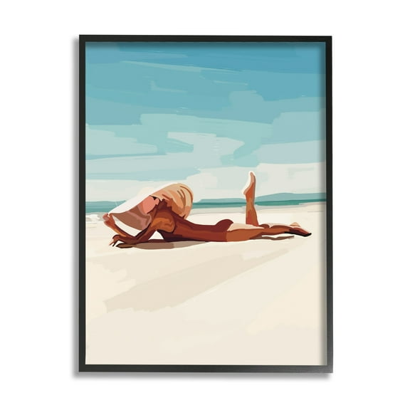 Stupell Industries Beach Babe Lounging Coastal Ocean Shoreline Graphic Art Black Framed Art Print Wall Art, Design by Amelia Noyes
