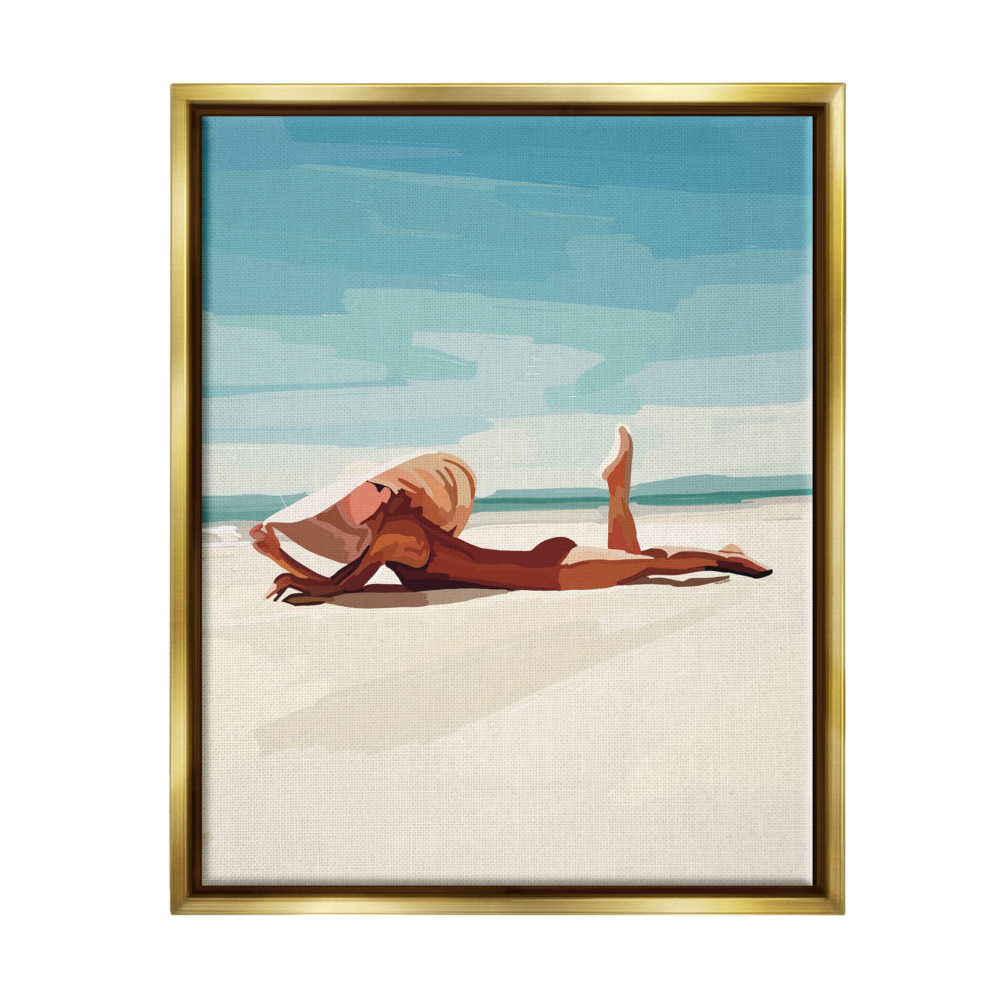 Stupell Industries Beach Babe Lounging Coastal Ocean Shoreline Graphic Art Metallic Gold Floating Framed Canvas Print Wall Art, Design by Amelia Noyes