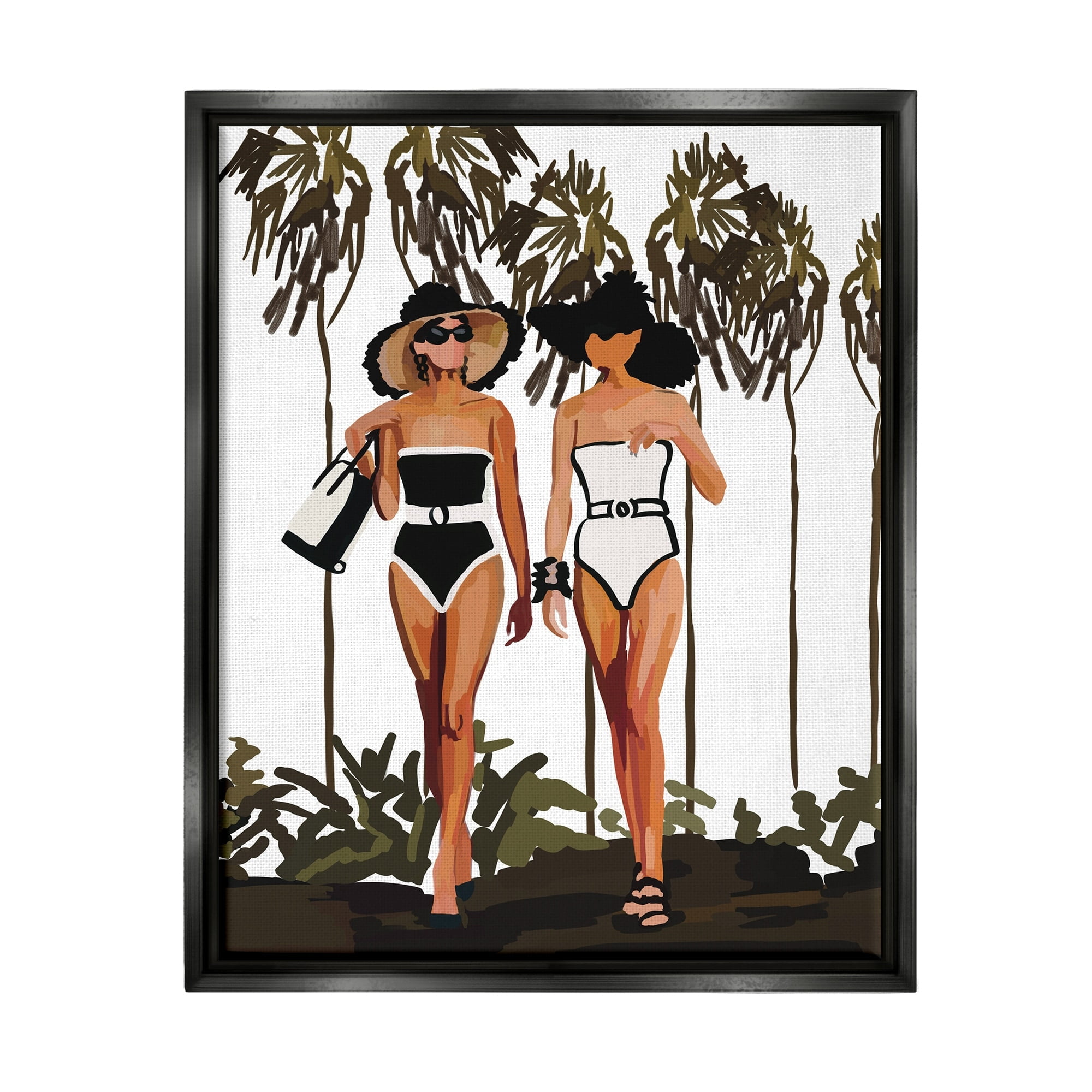 Stupell Industries Beach Babes Strolling Tropical Summer Beach Adventure Graphic Art Jet Black Floating Framed Canvas Print Wall Art, Design by Amelia Noyes