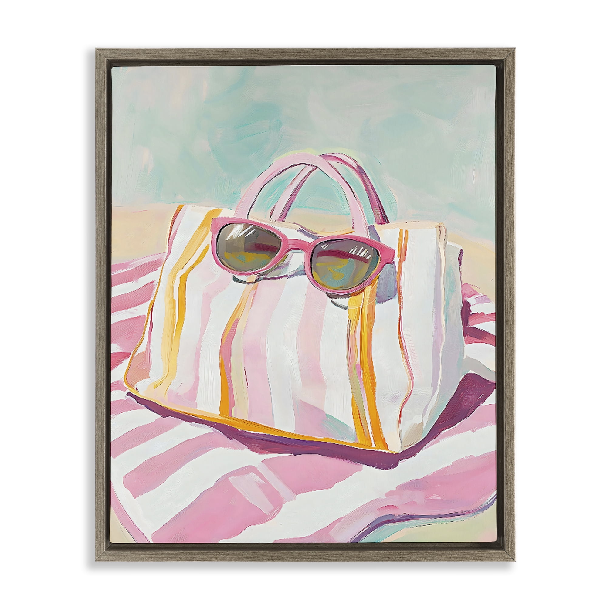 Stupell Industries Beach Bag & Sunglasses Brown Framed Floater Canvas Wall Art, design by The Prints Vibe