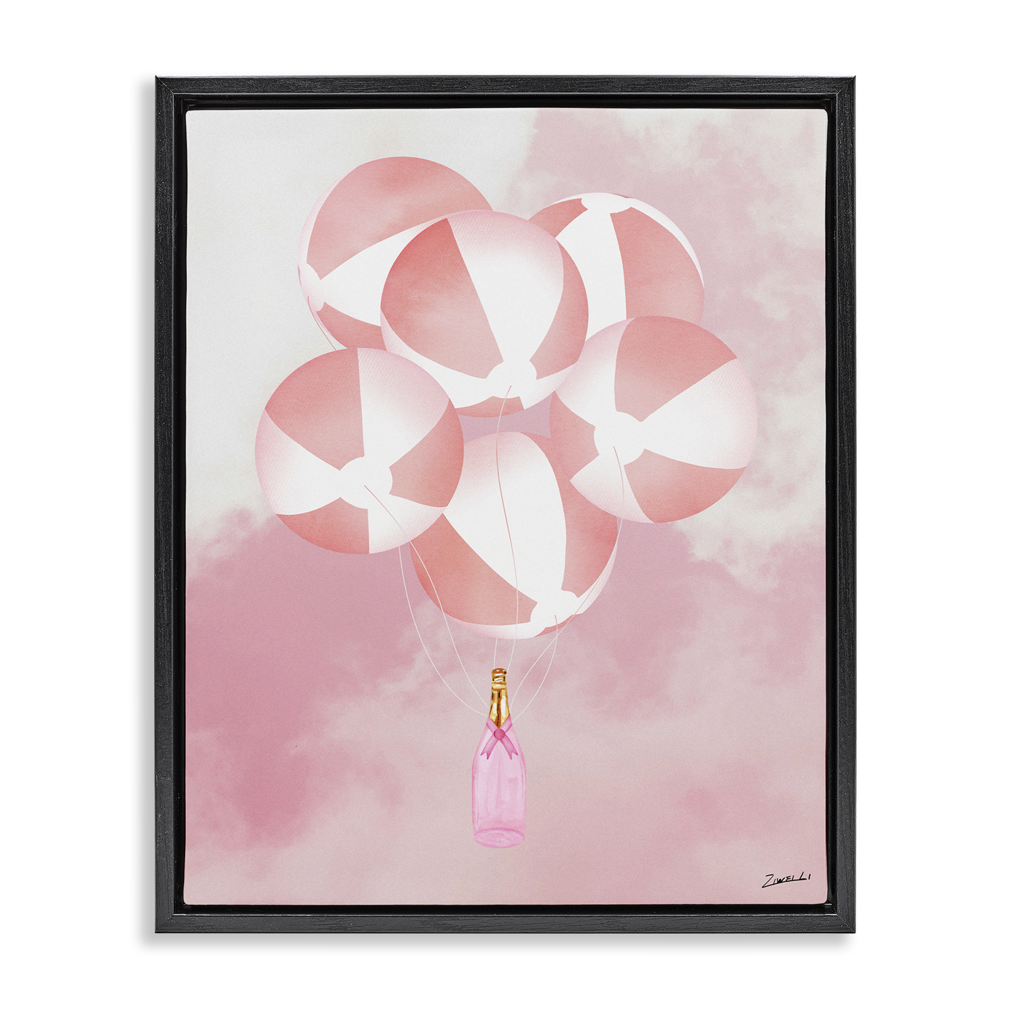 Stupell Industries Beach Ball Balloons & Champagne Food & Beverage Painting Black Floater Framed Canvas Art Print Wall Art, 17 x 21