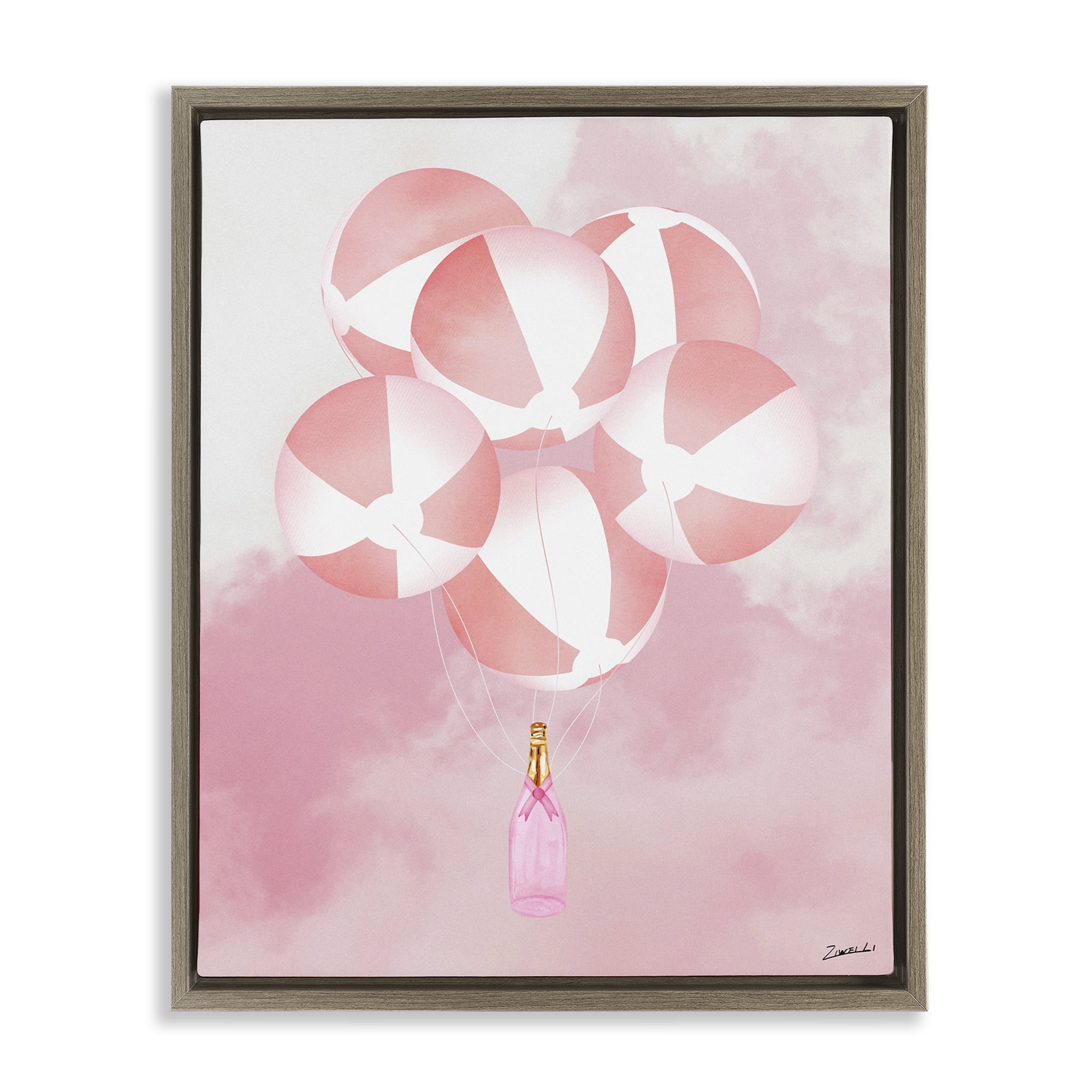 Stupell Industries Beach Ball Balloons & Champagne Food & Beverage Painting Brown Floater Framed Canvas Art Print Wall Art, 25 x 31