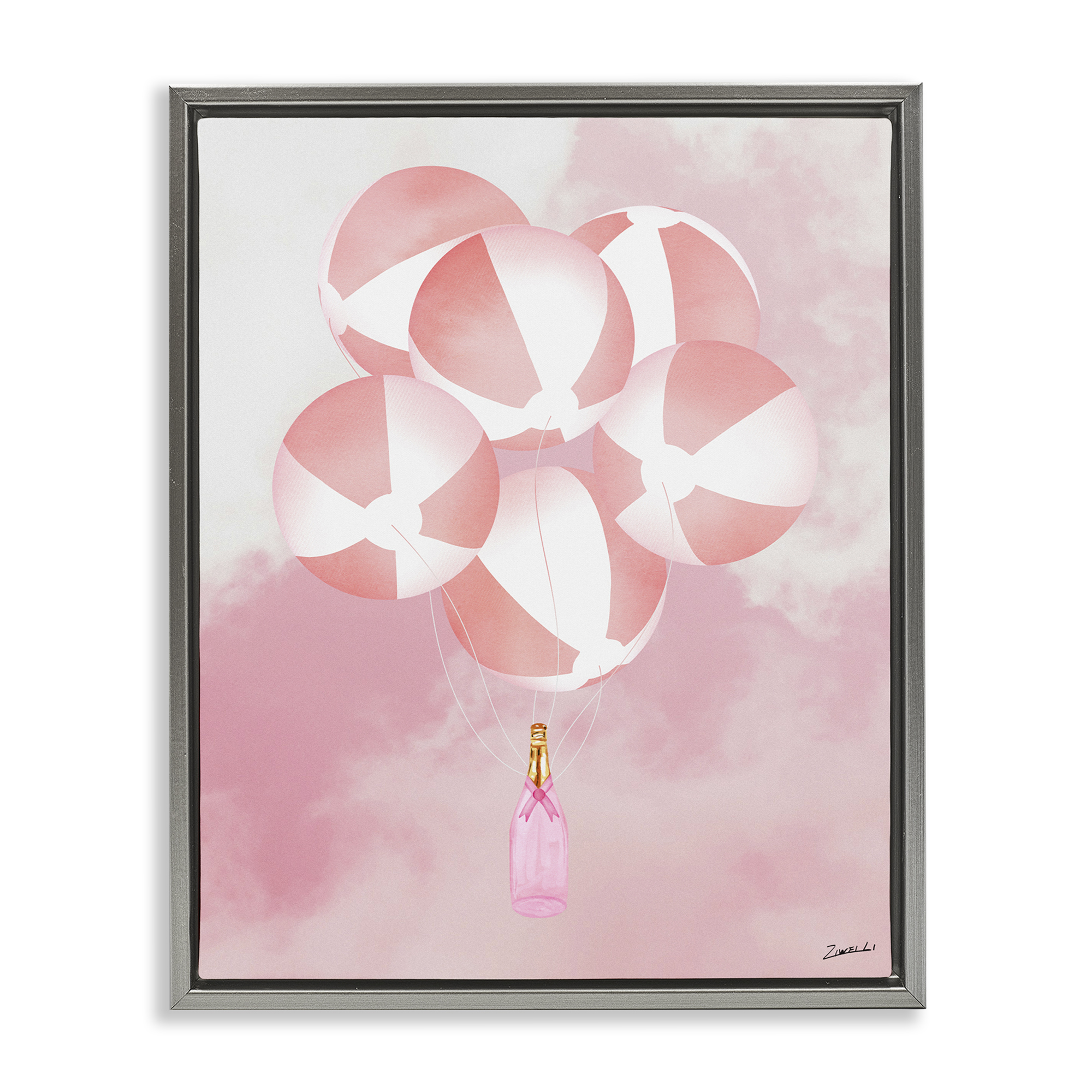 Stupell Industries Beach Ball Balloons & Champagne Food & Beverage Painting Gray Floater Framed Canvas Art Print Wall Art, 17 x 21