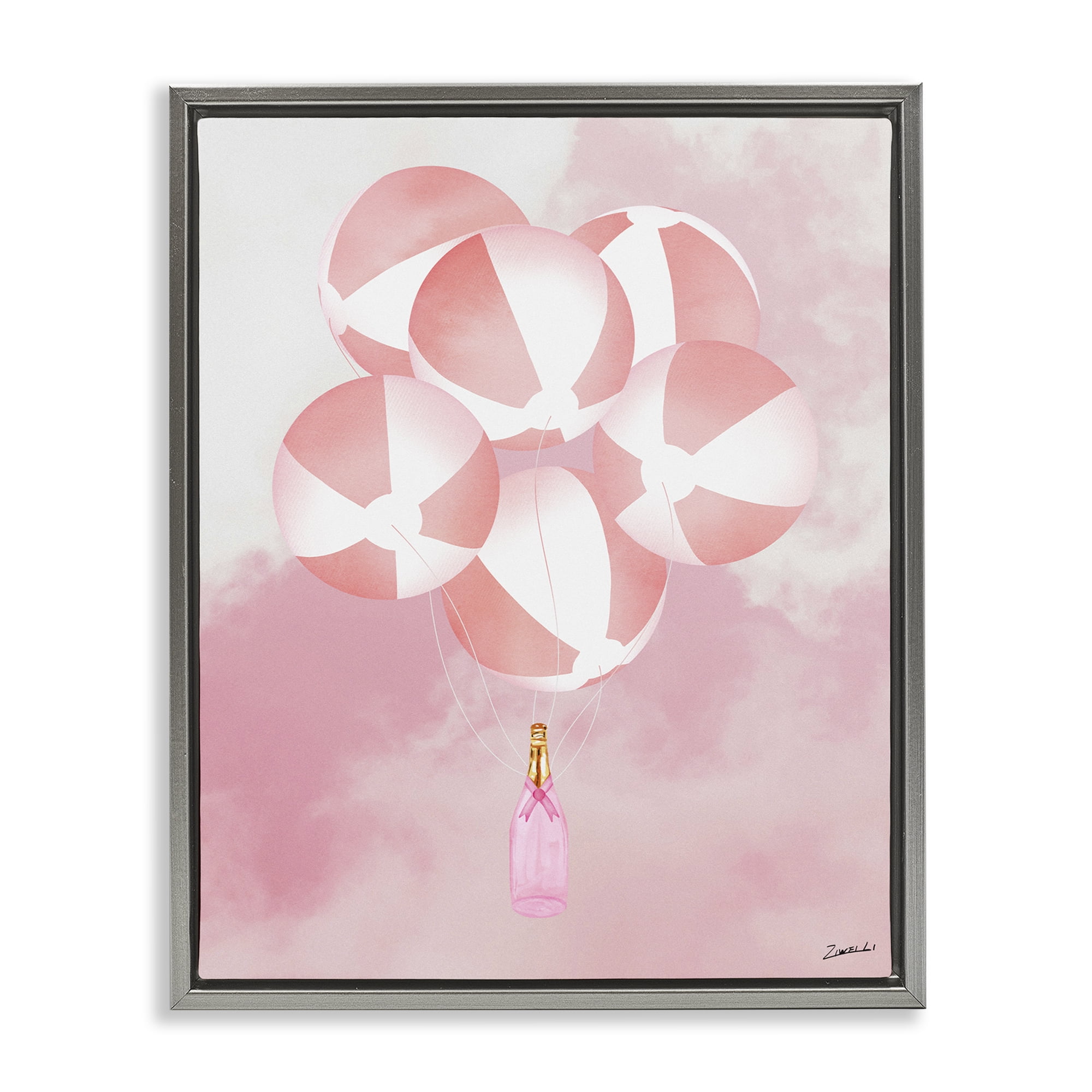 Stupell Industries Beach Ball Balloons & Champagne Food & Beverage Painting Gray Floater Framed Canvas Art Print Wall Art, 25 x 31