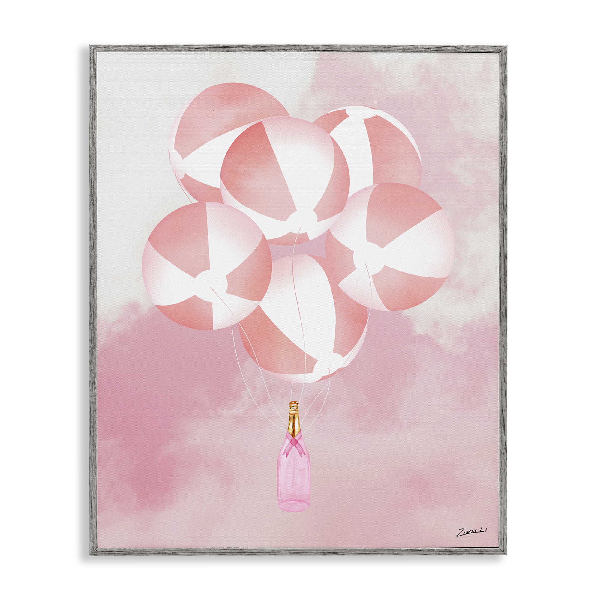 Stupell Industries Beach Ball Balloons & Champagne Food & Beverage Painting Gray Framed Art Print Wall Art, 16 x 20