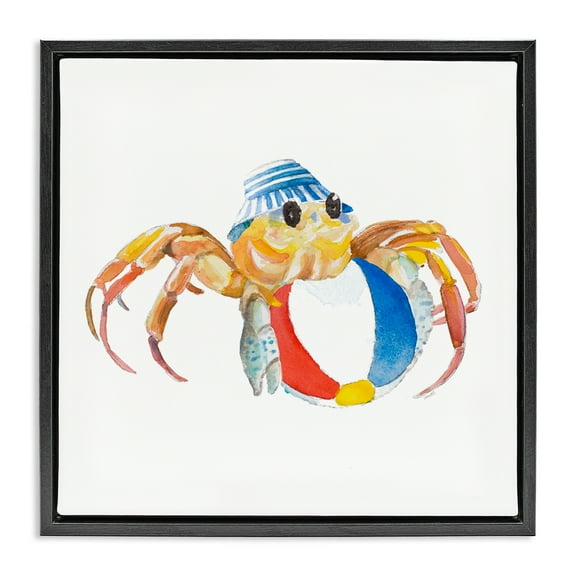 Stupell Industries Beach Ball Crab Novelty Painting Black Floater Framed Canvas Art Print Wall Art, 18 x 18
