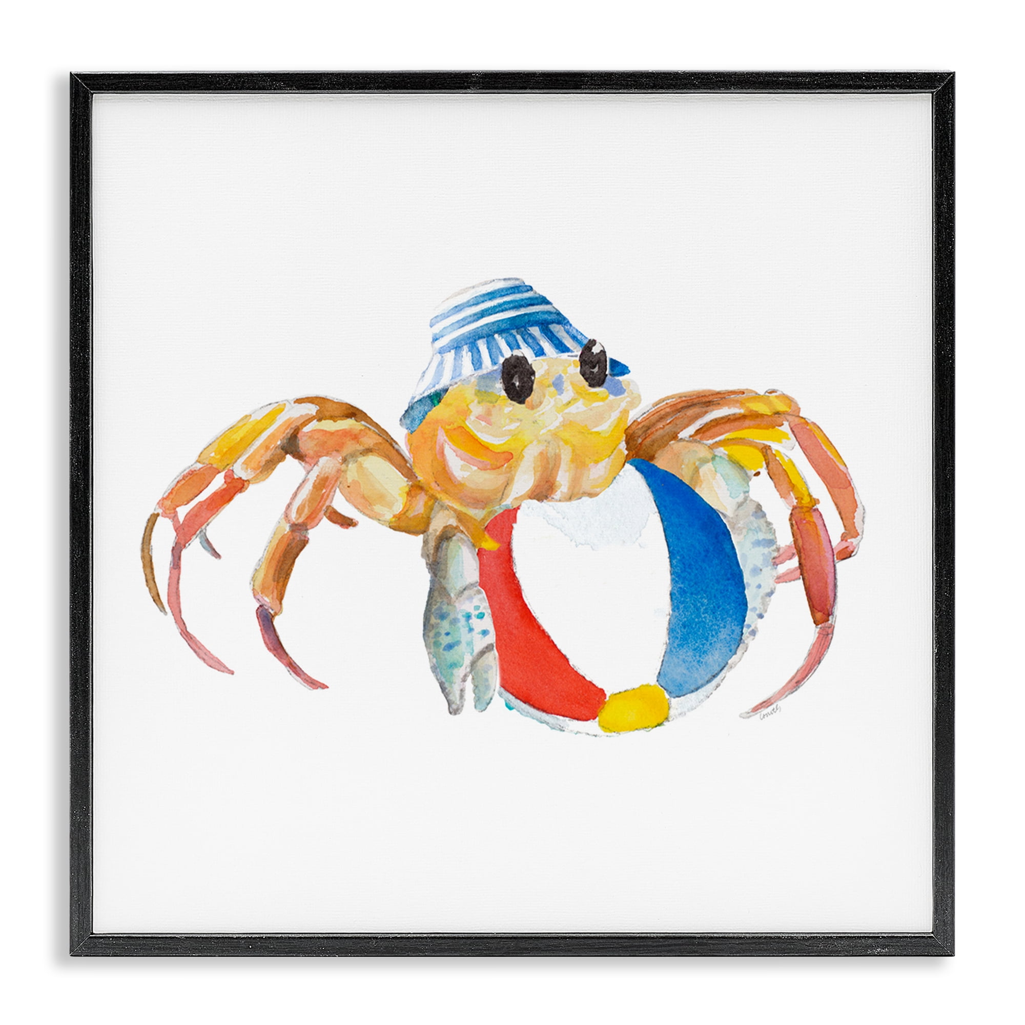 Stupell Industries Beach Ball Crab Novelty Painting Black Framed Art Print Wall Art, 12 x 12