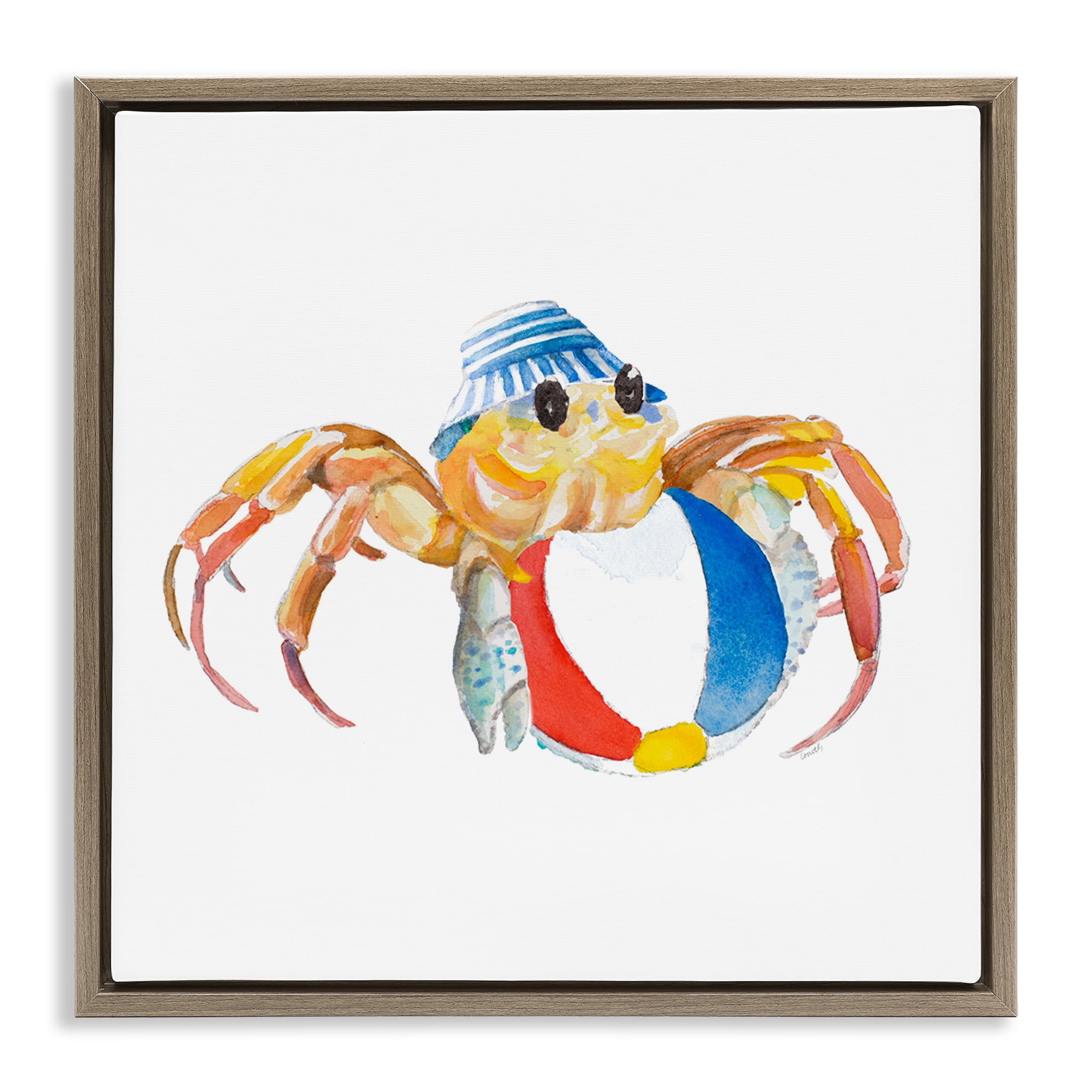 Stupell Industries Beach Ball Crab Novelty Painting Brown Floater Framed Canvas Art Print Wall Art, 25 x 25