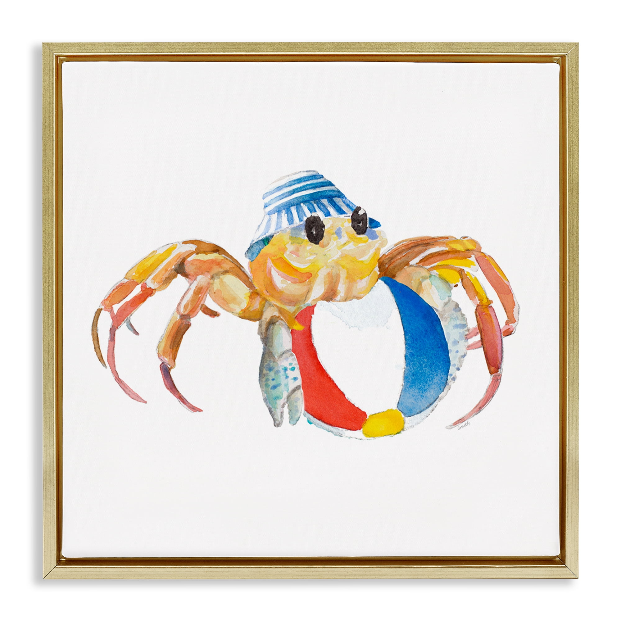 Stupell Industries Beach Ball Crab Novelty Painting Gold Floater Framed Canvas Art Print Wall Art, 25 x 25