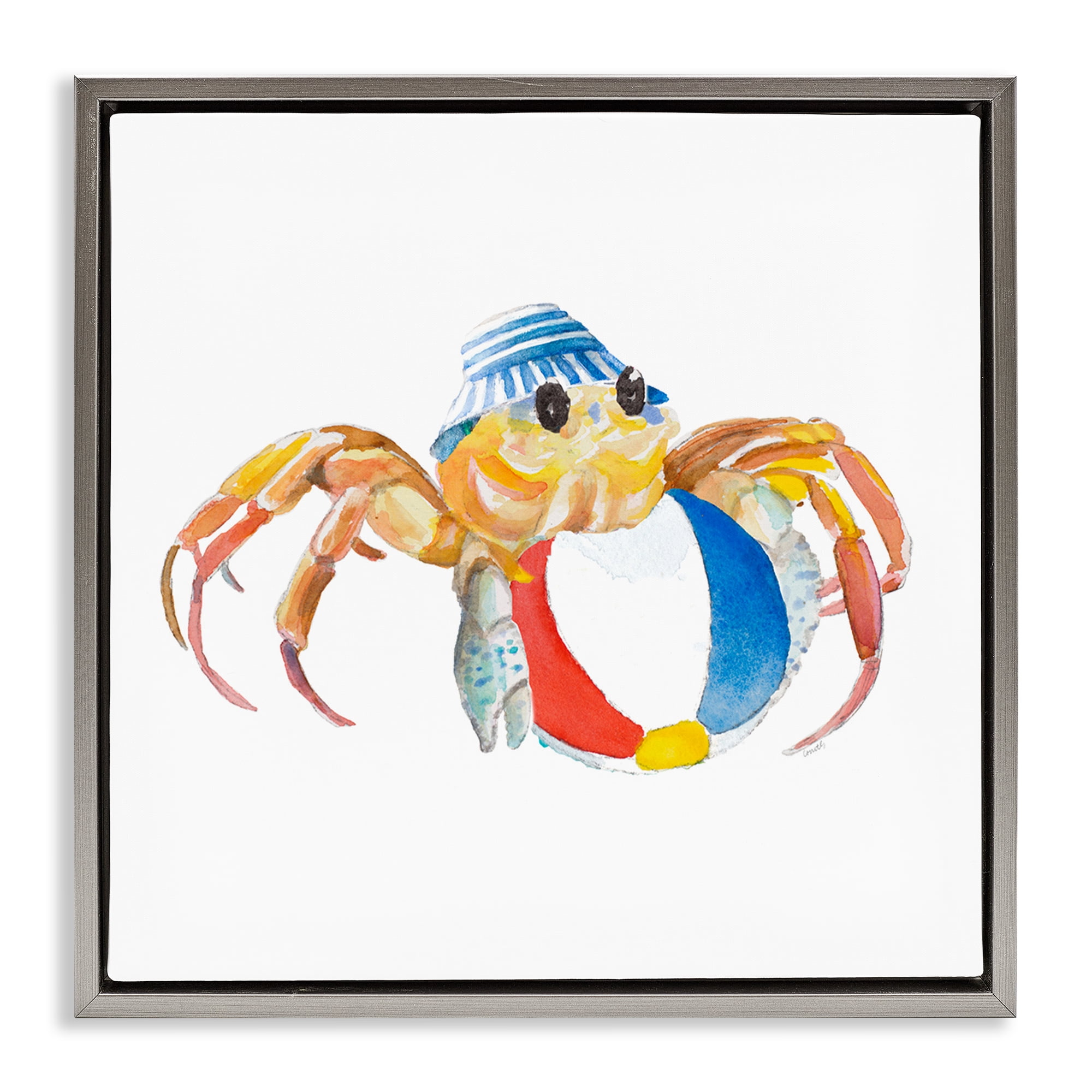 Stupell Industries Beach Ball Crab Novelty Painting Gray Floater Framed Canvas Art Print Wall Art, 18 x 18