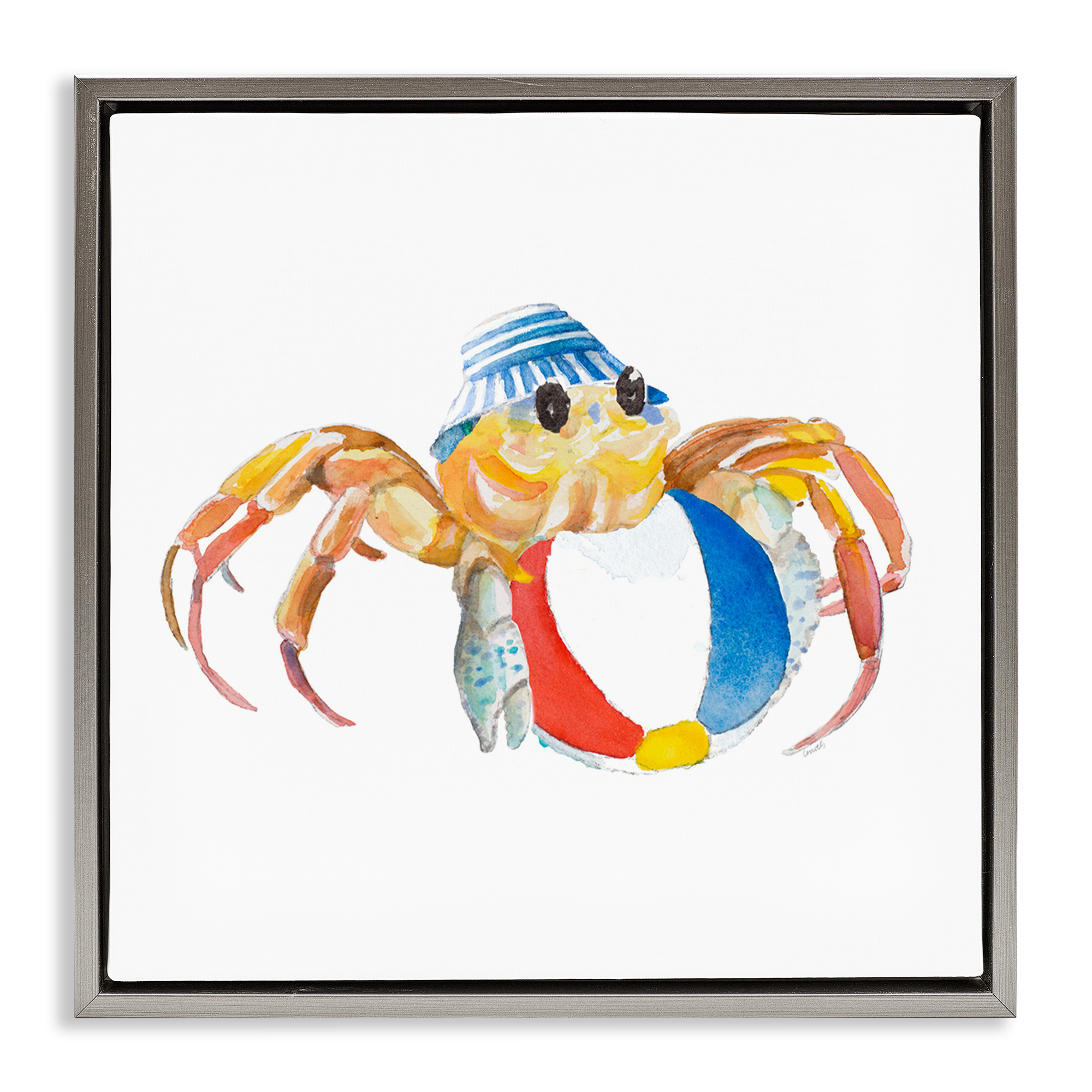 Stupell Industries Beach Ball Crab Novelty Painting Gray Floater Framed Canvas Art Print Wall Art, 25 x 25