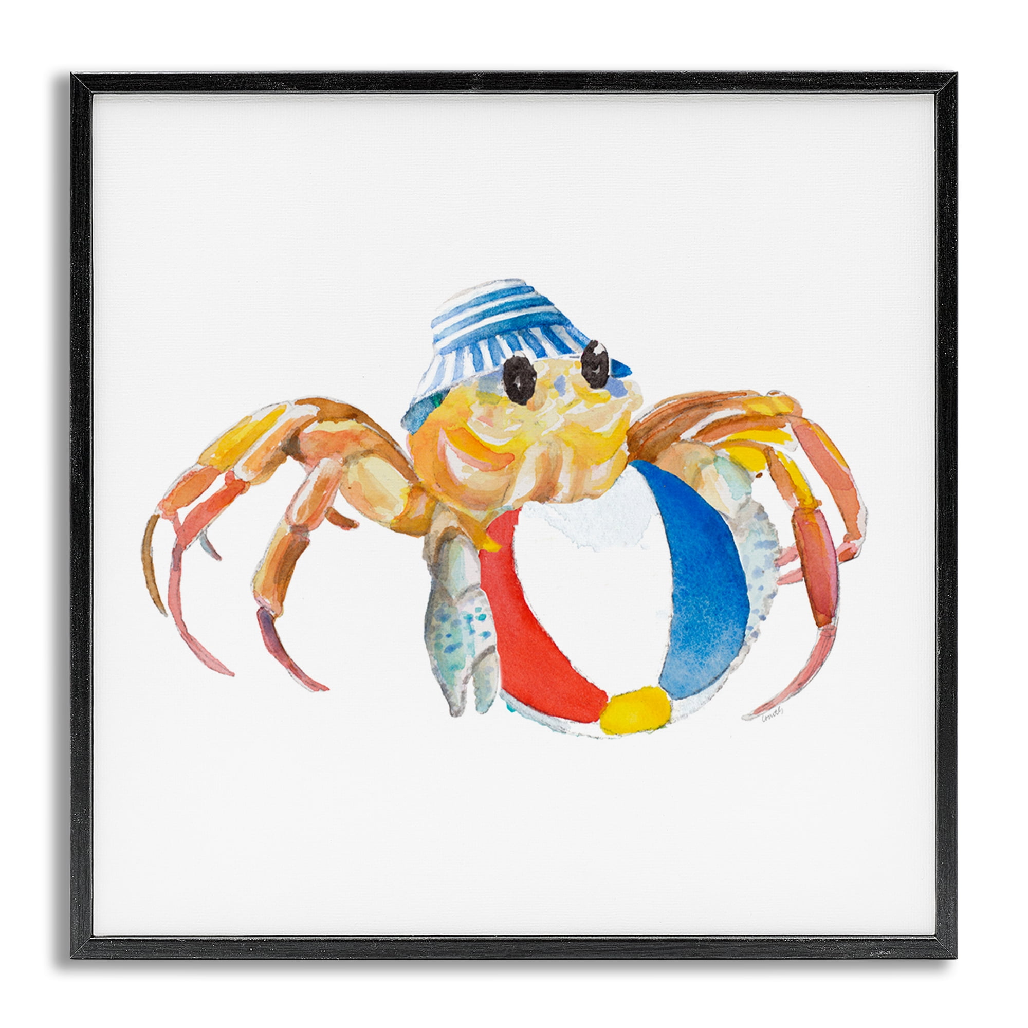 Stupell Industries Beach Ball Crab Novelty Painting Gray Framed Art Print Wall Art, 12 x 12