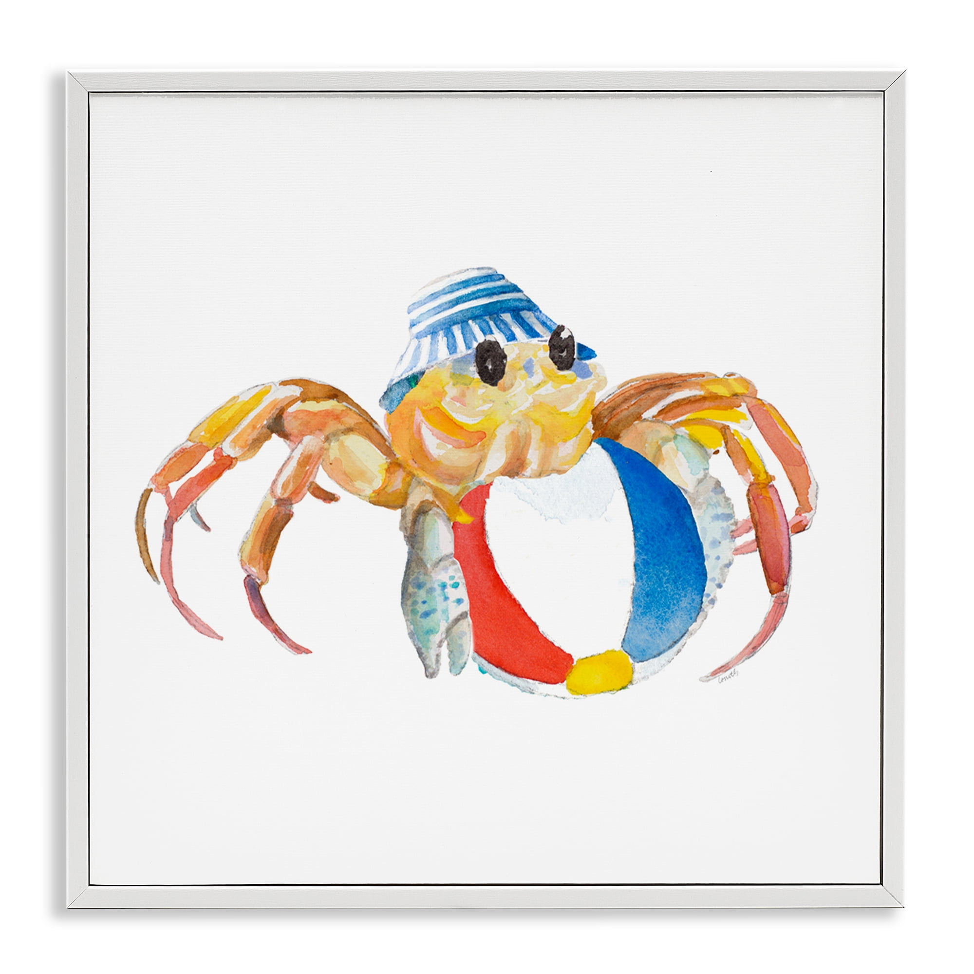 Stupell Industries Beach Ball Crab Novelty Painting White Framed Art Print Wall Art, 24 x 24