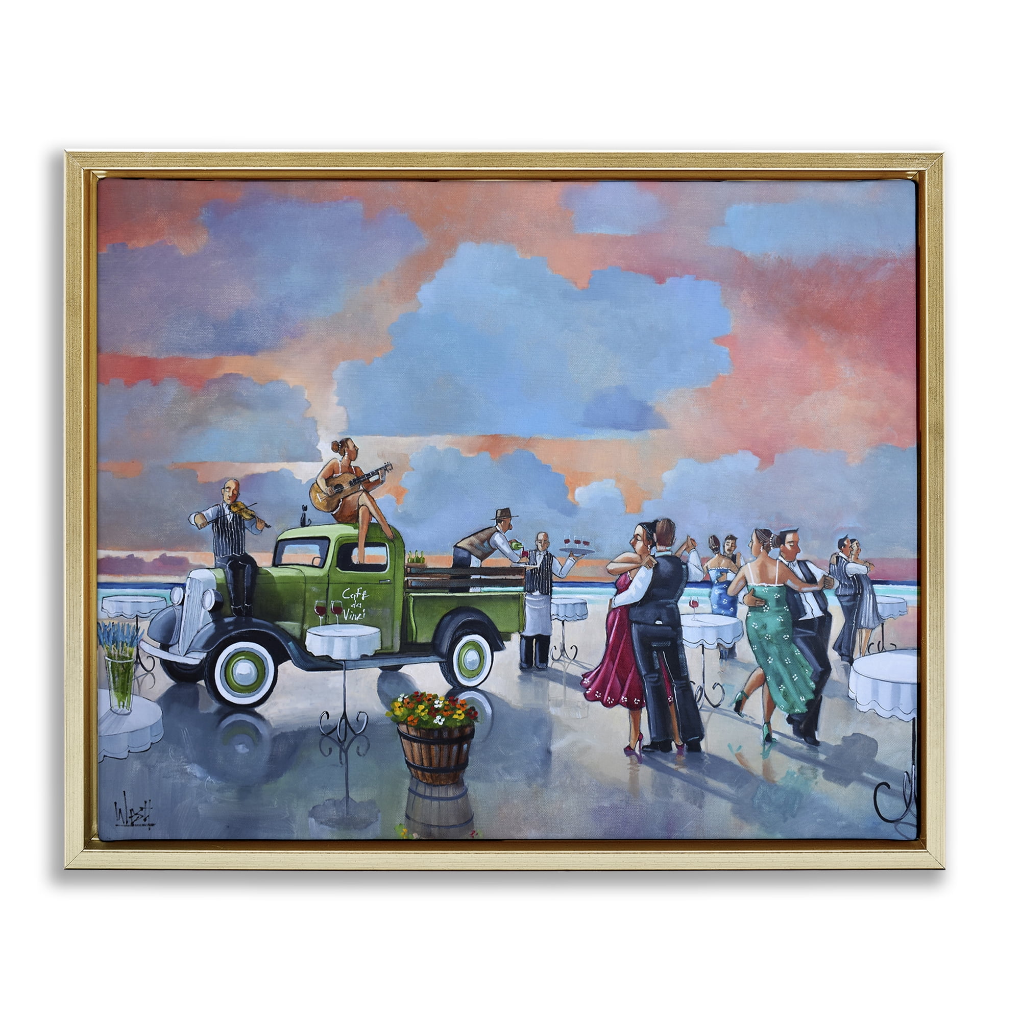 Stupell Industries Beach Ballroom Dance People Painting Gold Floater Framed Canvas Art Print Wall Art, 21 x 17