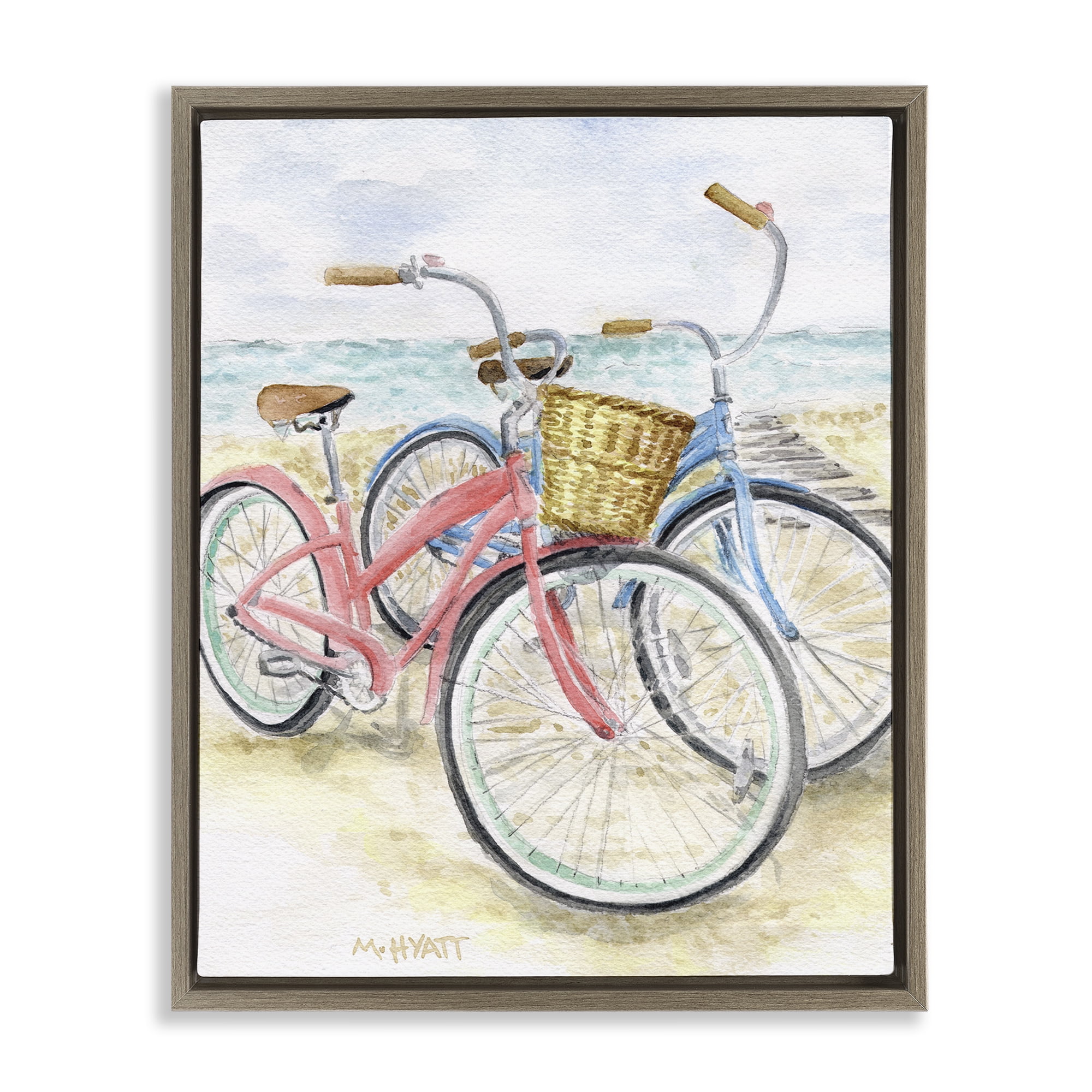 Stupell Industries Beach Bikes Parked Transportation Painting Brown Floater Framed Canvas Art Print Wall Art, 17 x 21