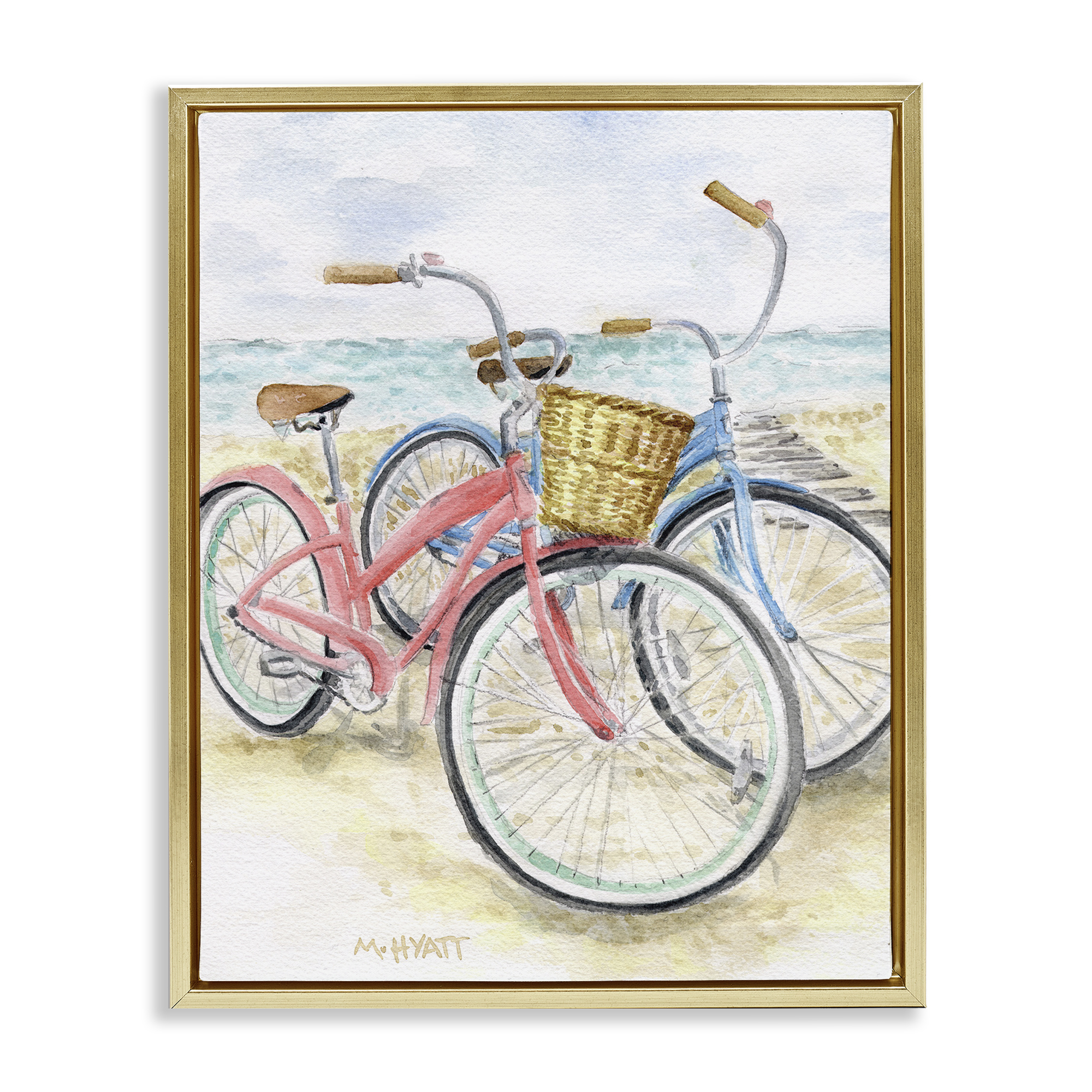 Stupell Industries Beach Bikes Parked Transportation Painting Gold Floater Framed Canvas Art Print Wall Art, 17 x 21