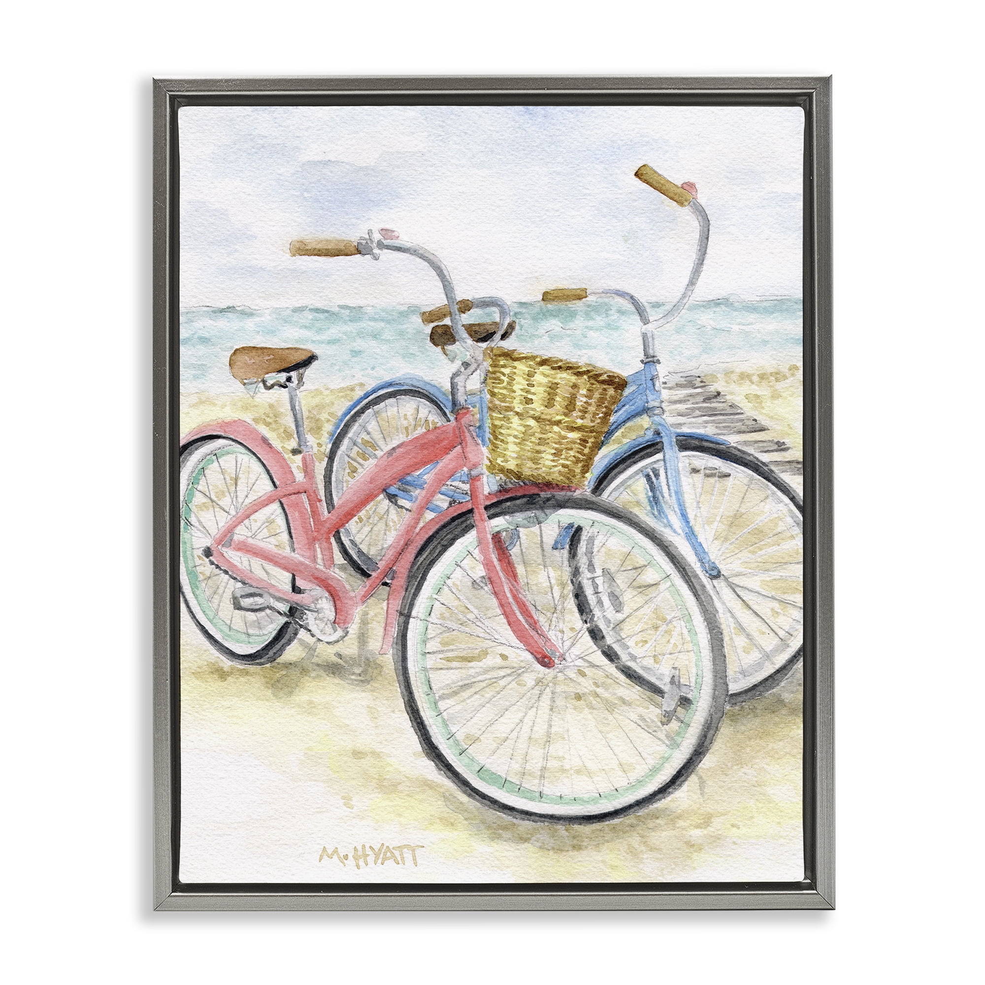 Stupell Industries Beach Bikes Parked Transportation Painting Gray Floater Framed Canvas Art Print Wall Art, 25 x 31