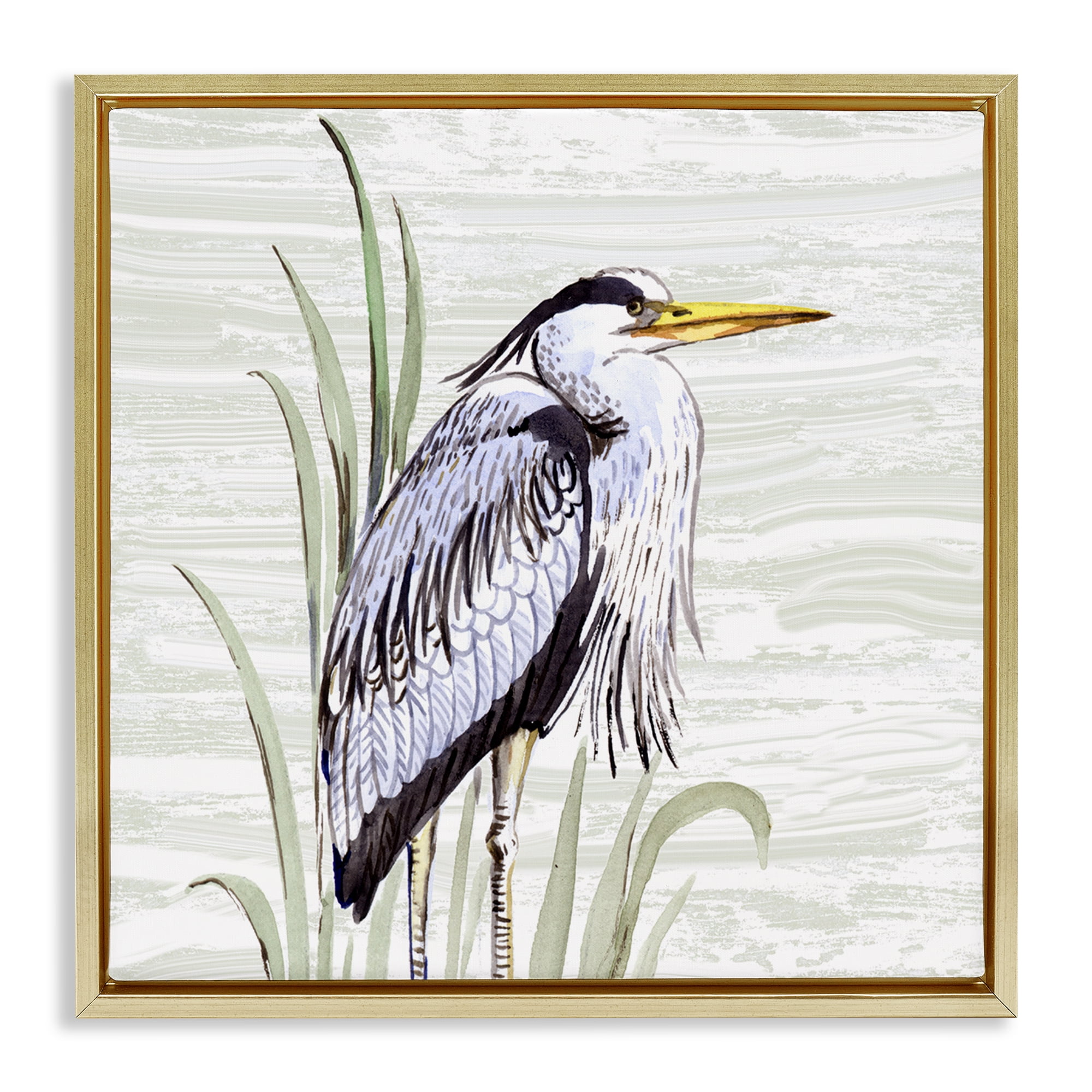 Stupell Industries Beach Bird Elegant Heron Animals Painting Gold Floater Framed Canvas Art Print Wall Art, 25 x 25