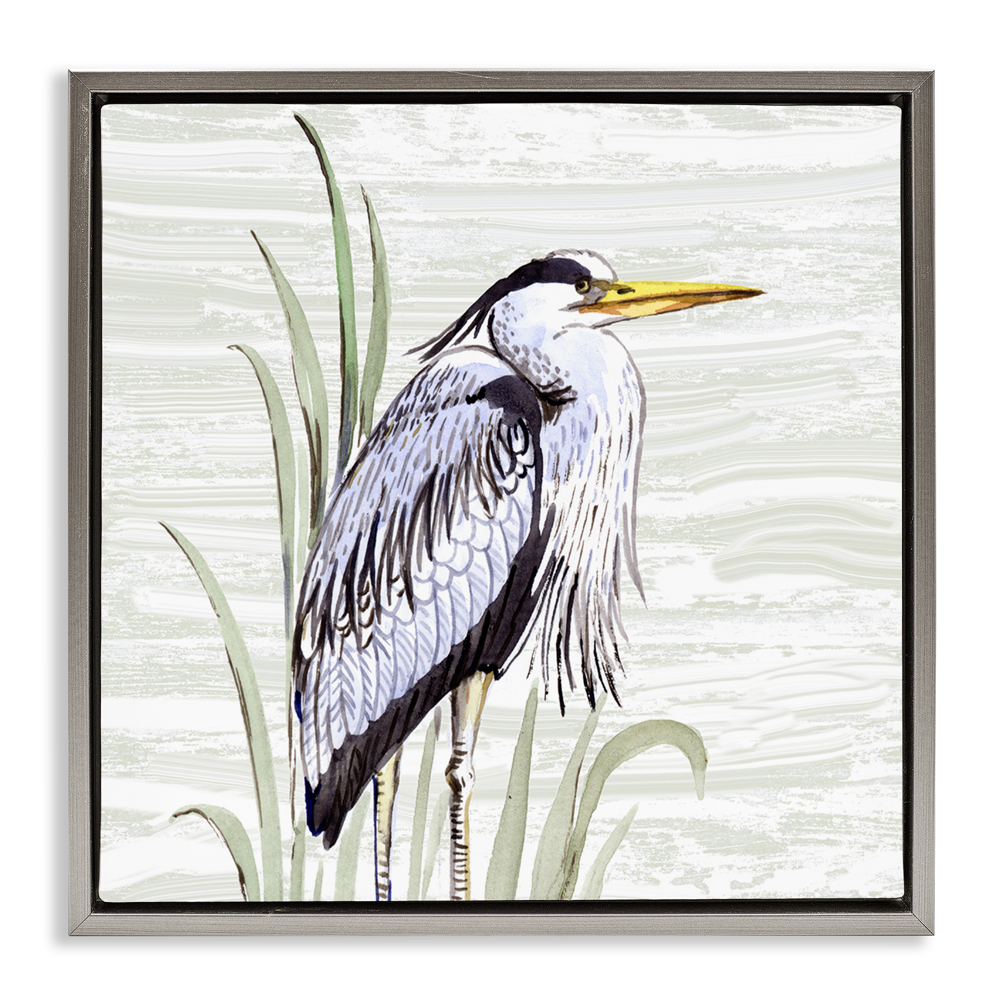 Stupell Industries Beach Bird Elegant Heron Animals Painting Gray Floater Framed Canvas Art Print Wall Art, 18 x 18