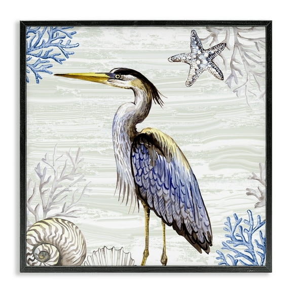 Stupell Industries Beach Bird Heron & Coral Animals Painting Black Framed Art Print Wall Art, 12 x 12
