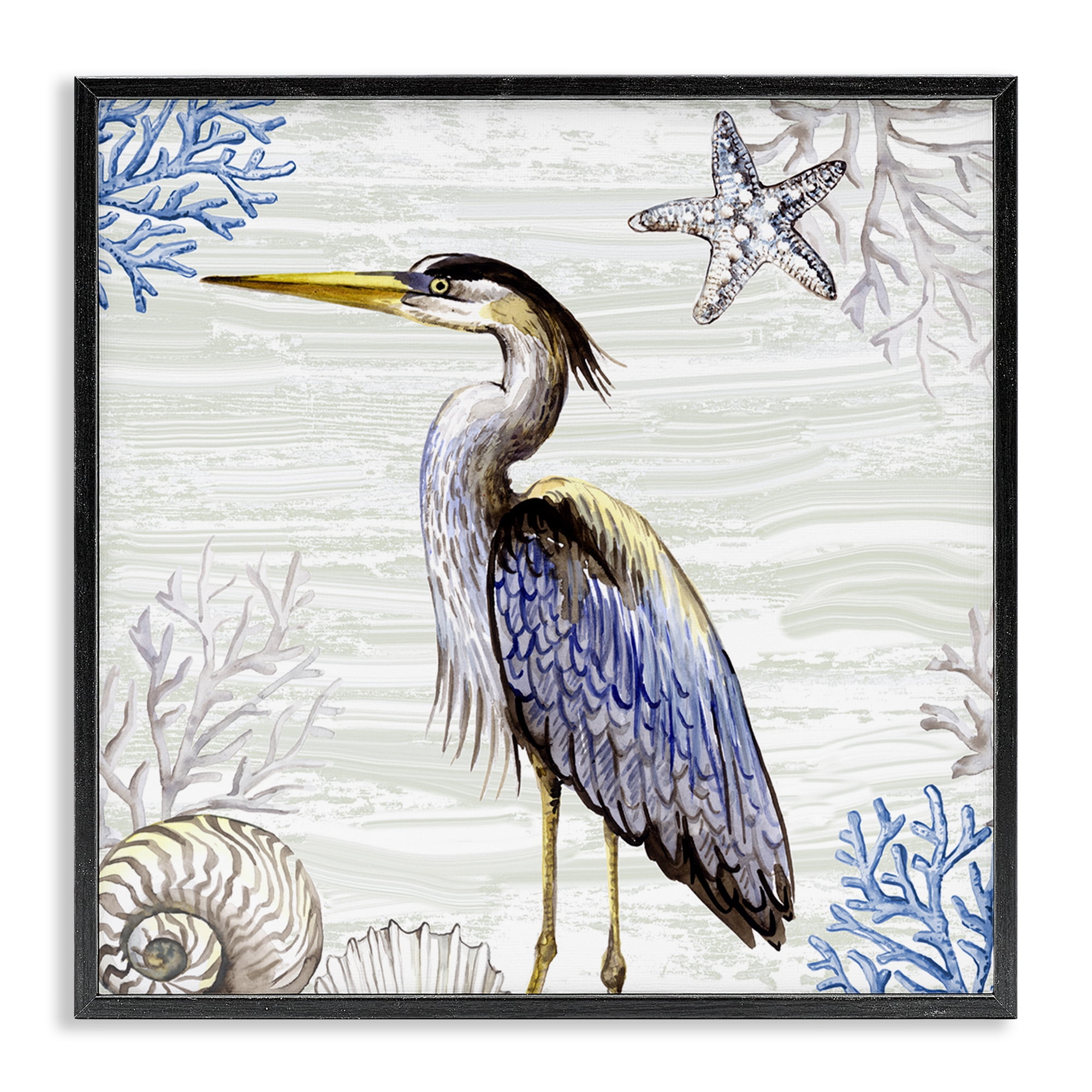 Stupell Industries Beach Bird Heron & Coral Animals Painting Black Framed Art Print Wall Art, 24 x 24