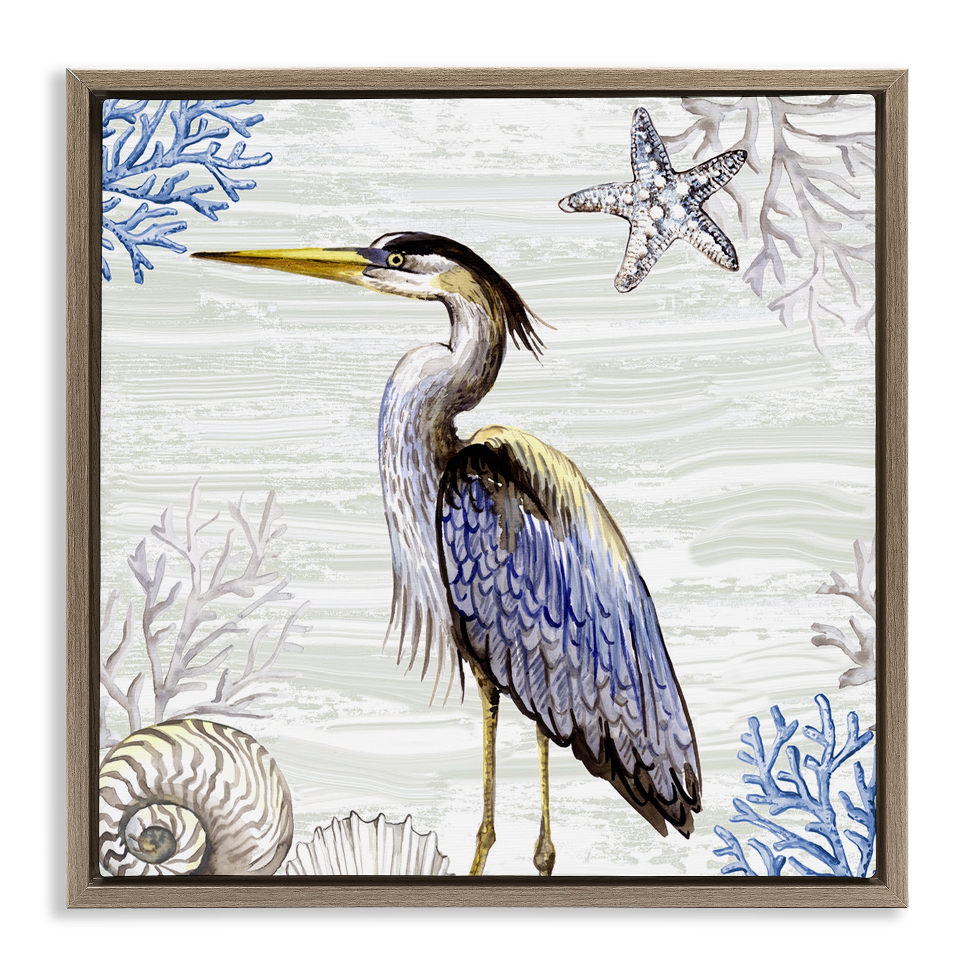 Stupell Industries Beach Bird Heron & Coral Animals Painting Brown Floater Framed Canvas Art Print Wall Art, 25 x 25