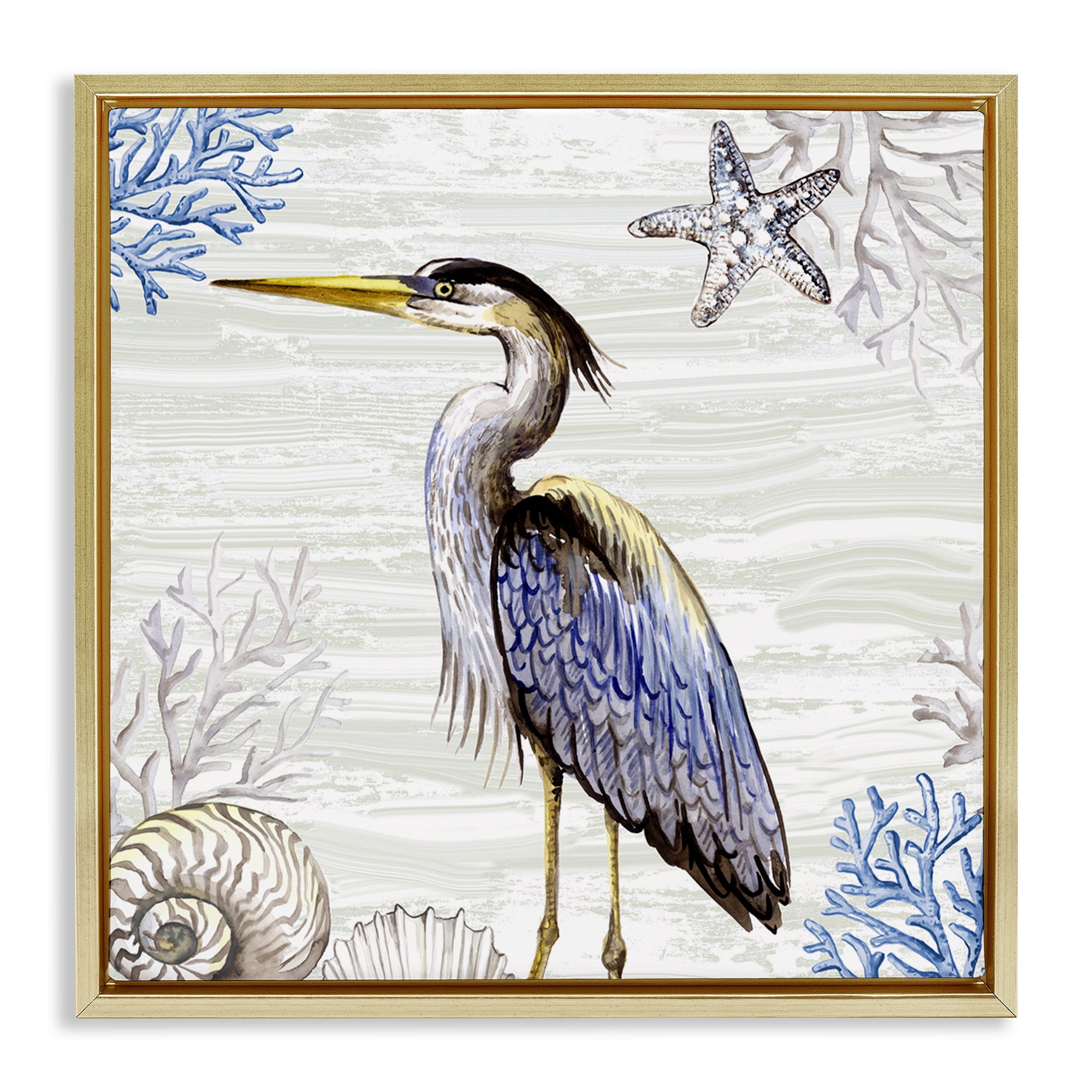 Stupell Industries Beach Bird Heron & Coral Animals Painting Gold Floater Framed Canvas Art Print Wall Art, 18 x 18