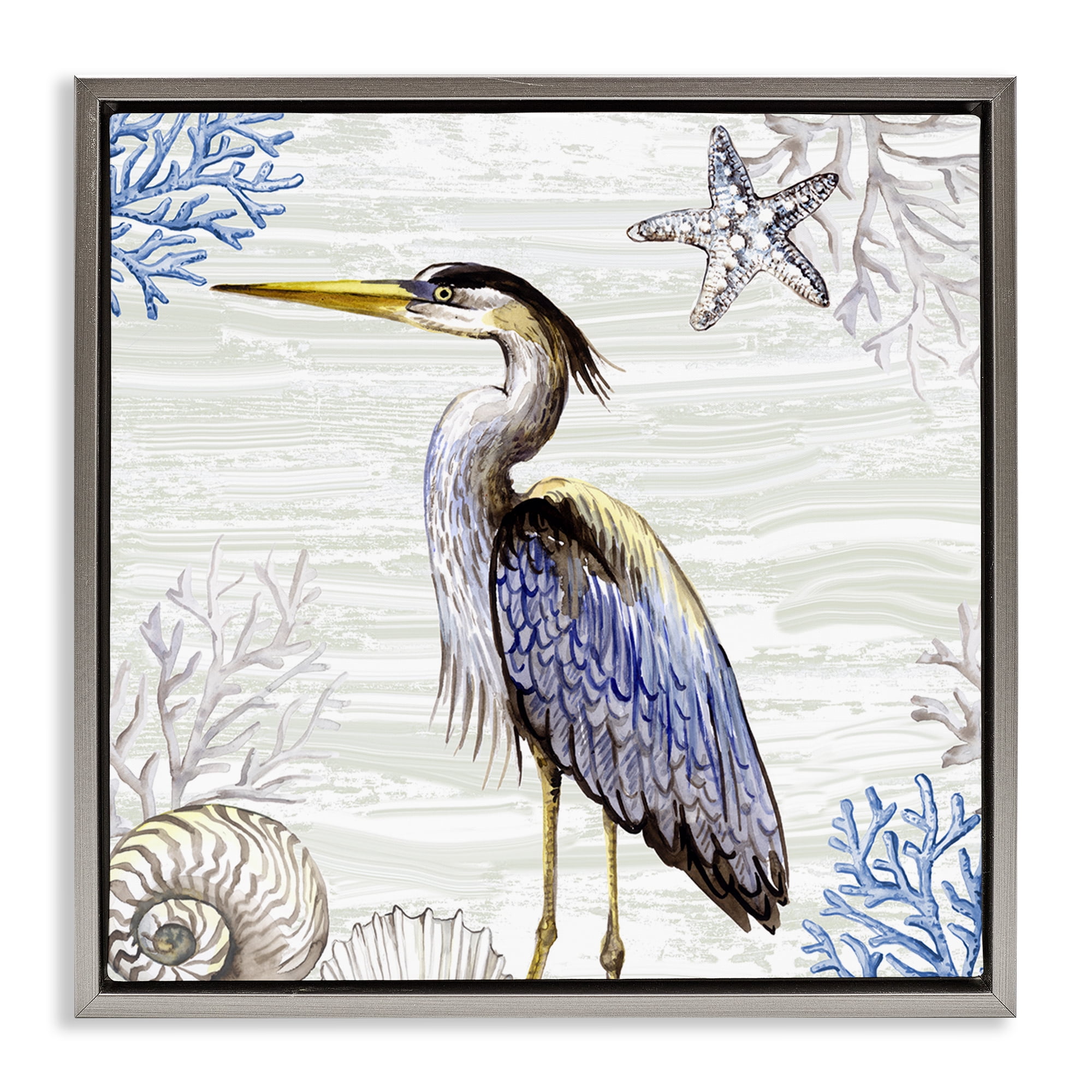 Stupell Industries Beach Bird Heron & Coral Animals Painting Gray Floater Framed Canvas Art Print Wall Art, 18 x 18